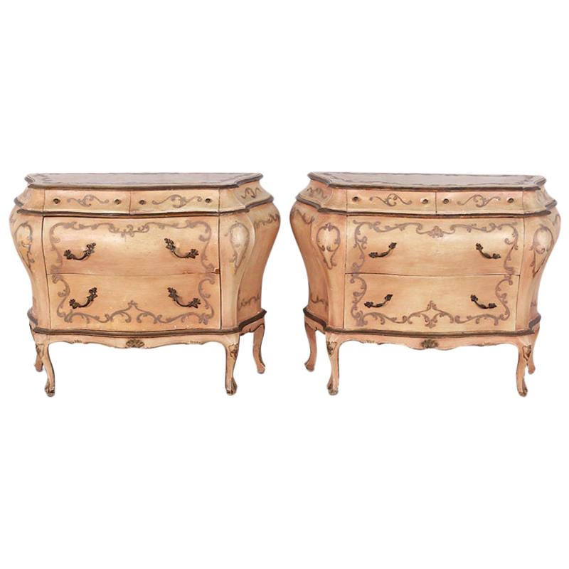 Pair of Italian Vintage Painted Bombe Commodes