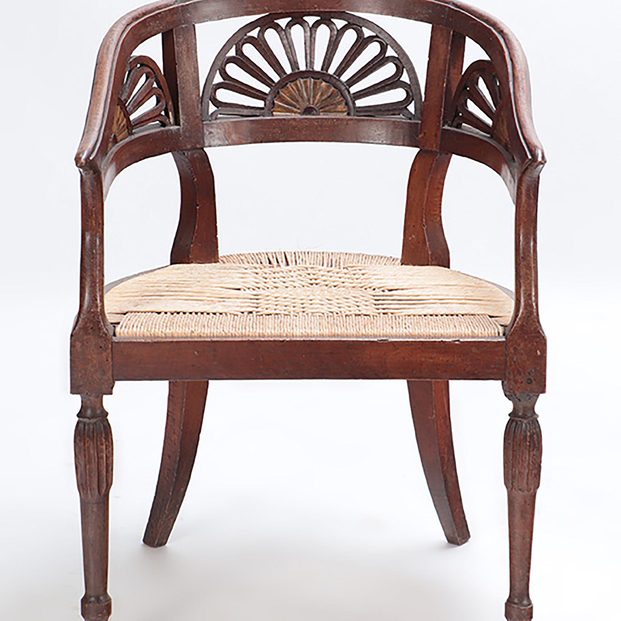 Pair of Italian Walnut Open Arm Chairs with Cord Seats, circa 1800 In Good Condition For Sale In Philadelphia, PA