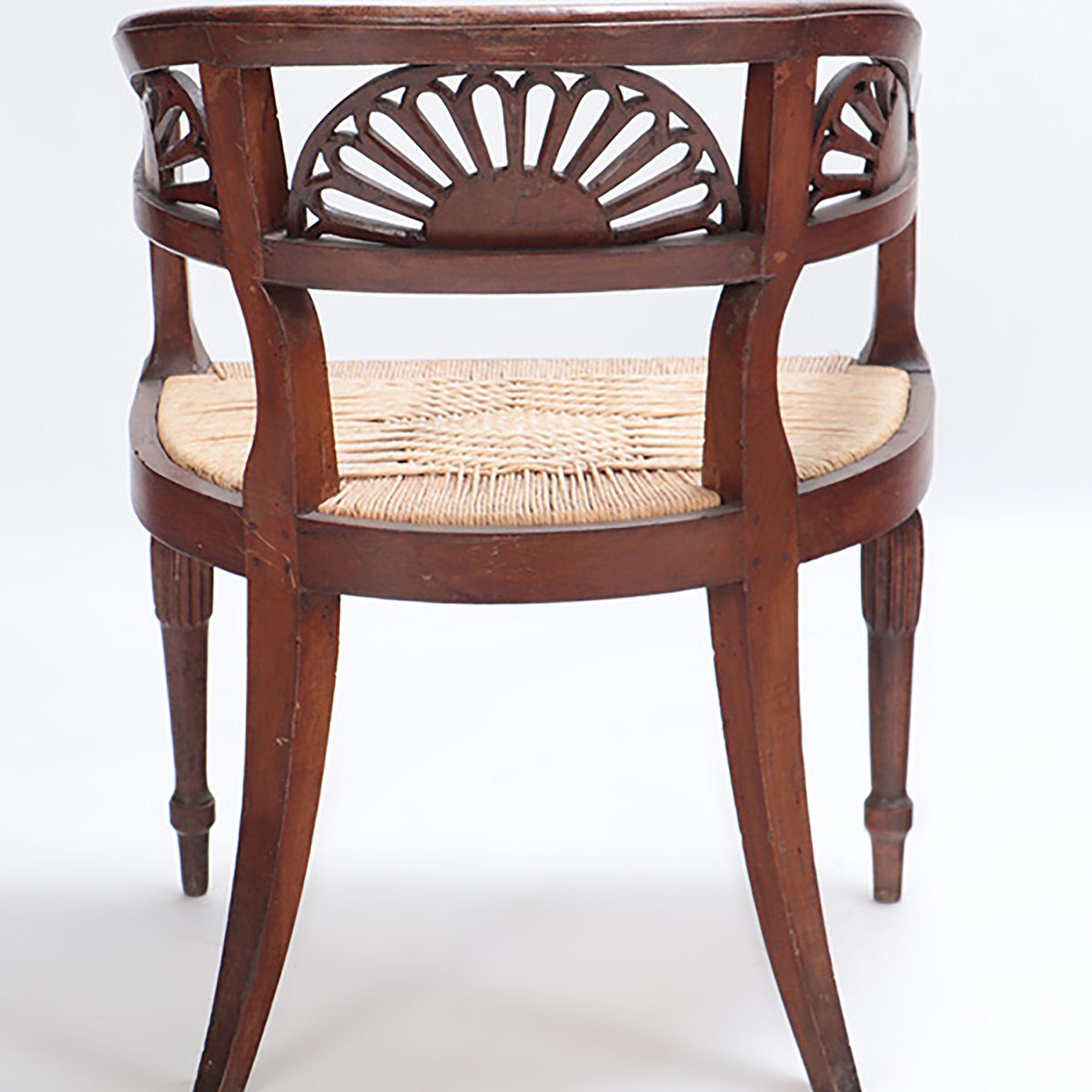 Pair of Italian Walnut Open Arm Chairs with Cord Seats, circa 1800 For Sale 2