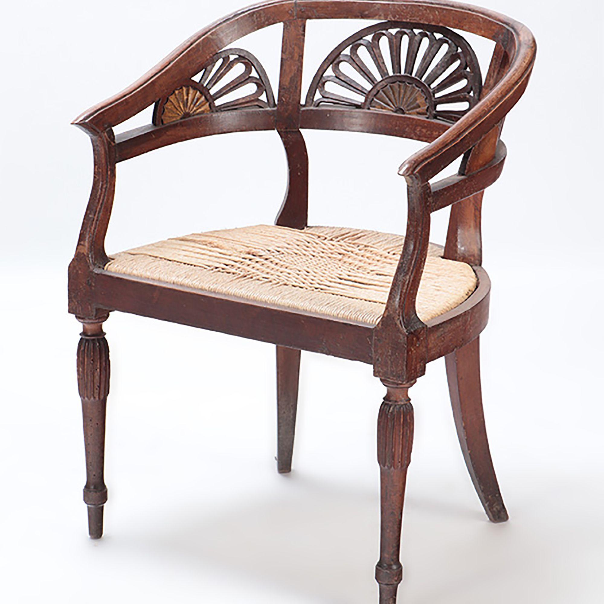 Pair of Italian Walnut Open Arm Chairs with Cord Seats, circa 1800 For Sale 3