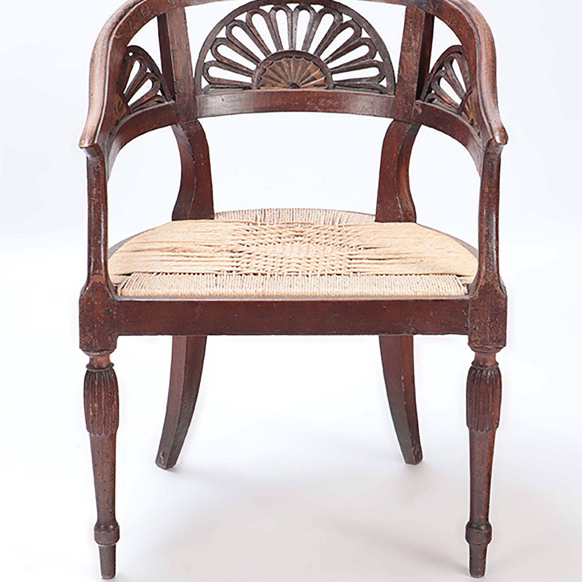 Pair of Italian Walnut Open Arm Chairs with Cord Seats, circa 1800 For Sale 4