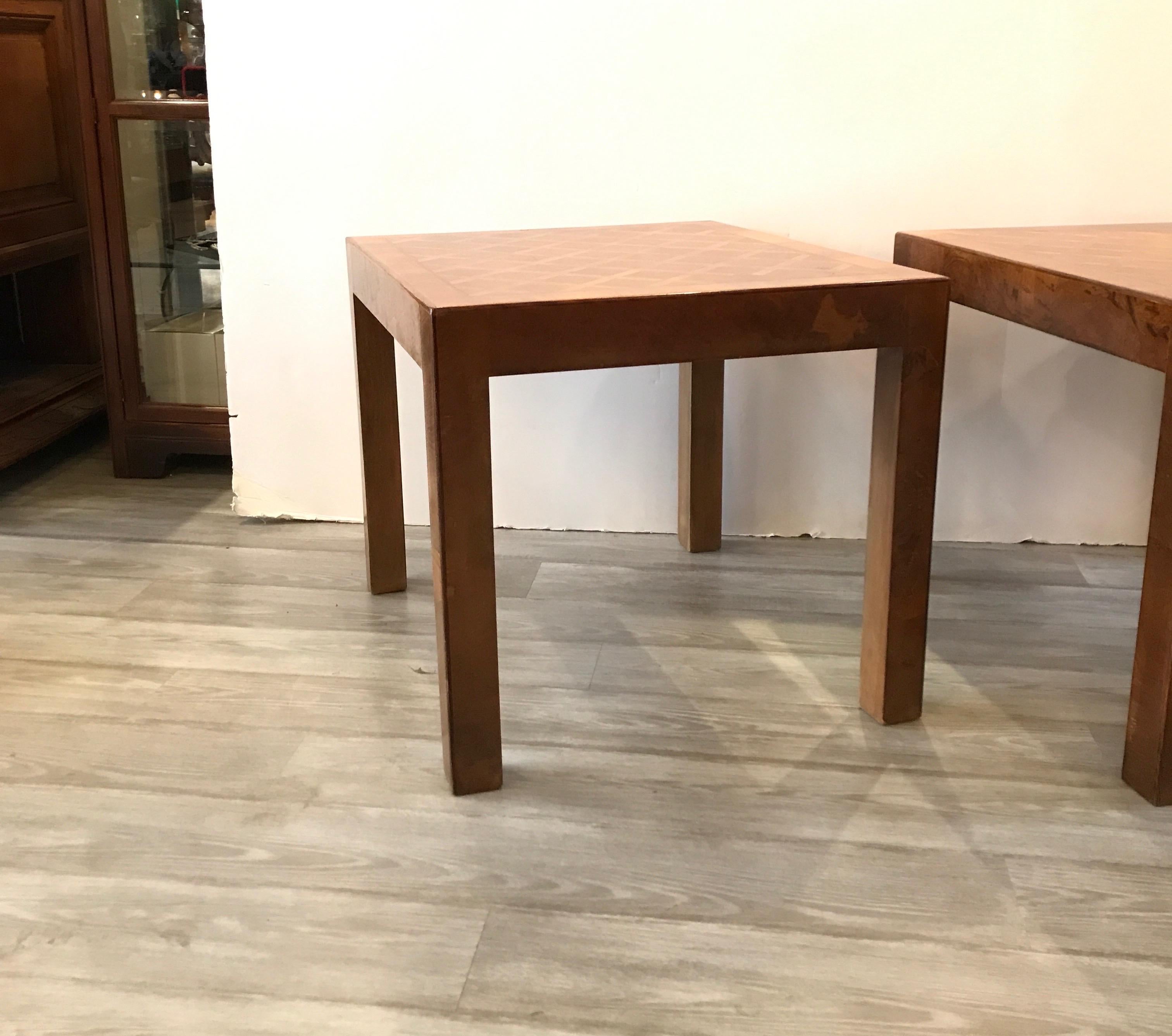 Classic parson side end table with parquet pattern tops, made in Italy, in the manner of Milo Baughman. Each table stamped made in Italy on the underside.