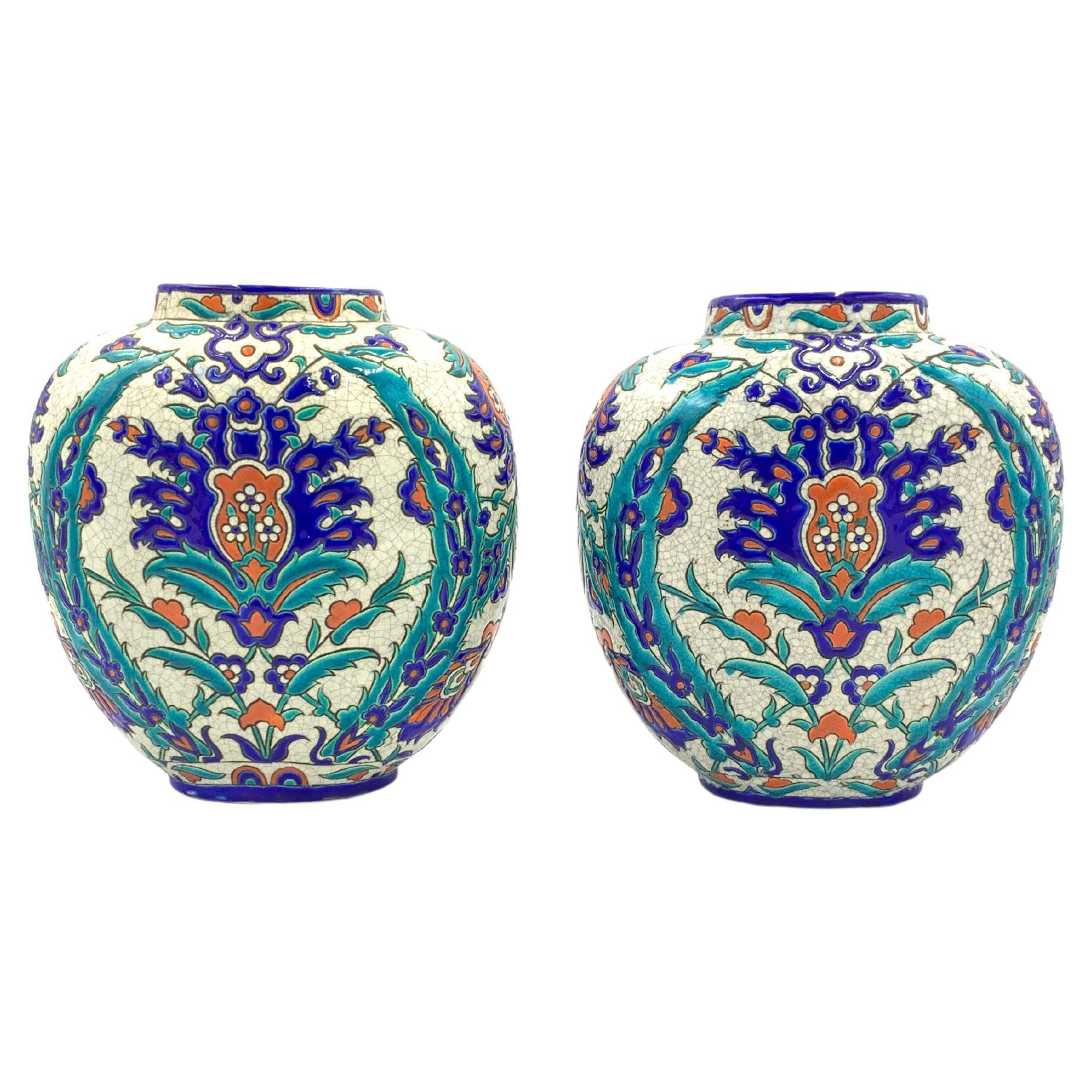 Pair of Iznik-Style Vases, Belgium, 20th Century For Sale