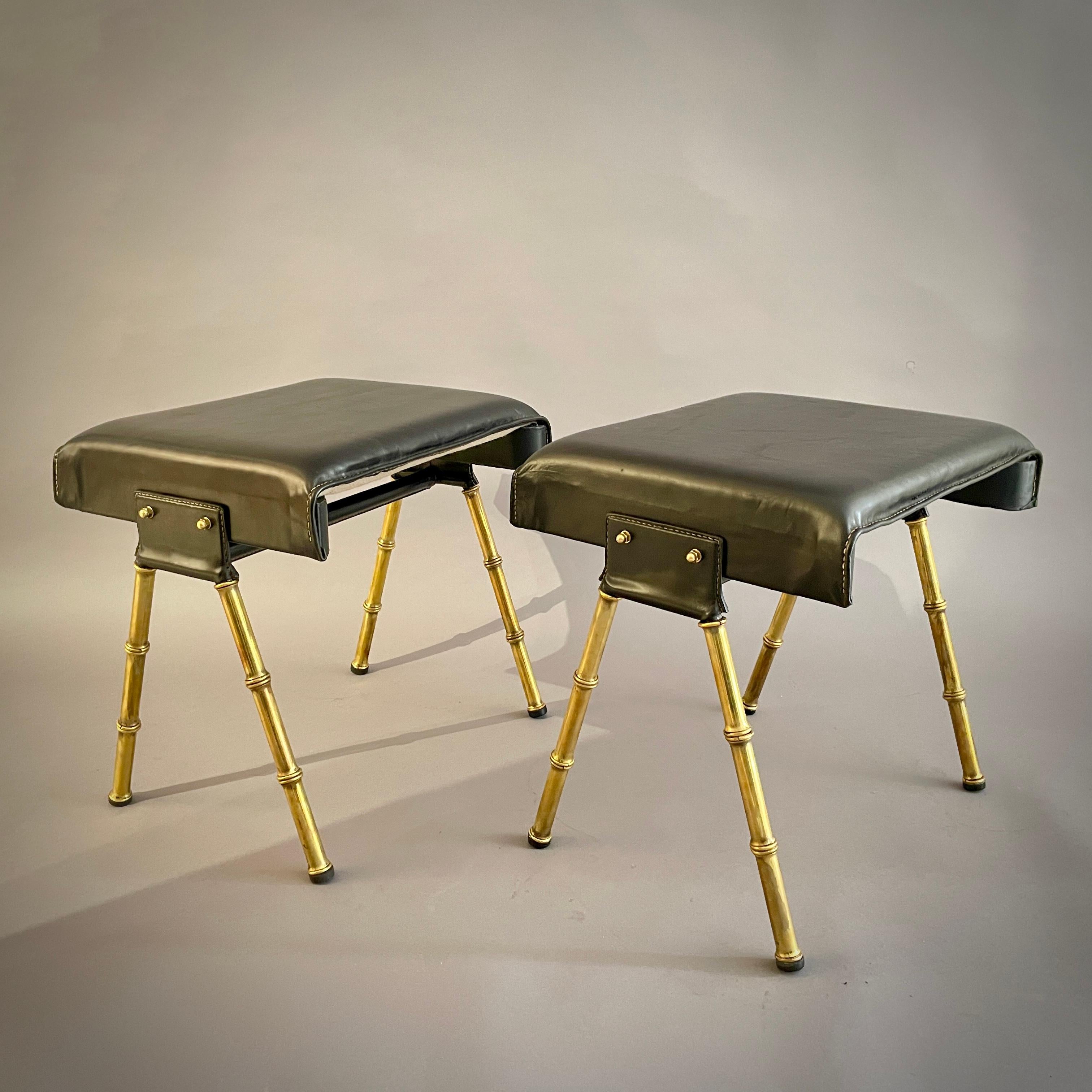 A pair of Jacques Adnet black leather and brass stools For Sale 5