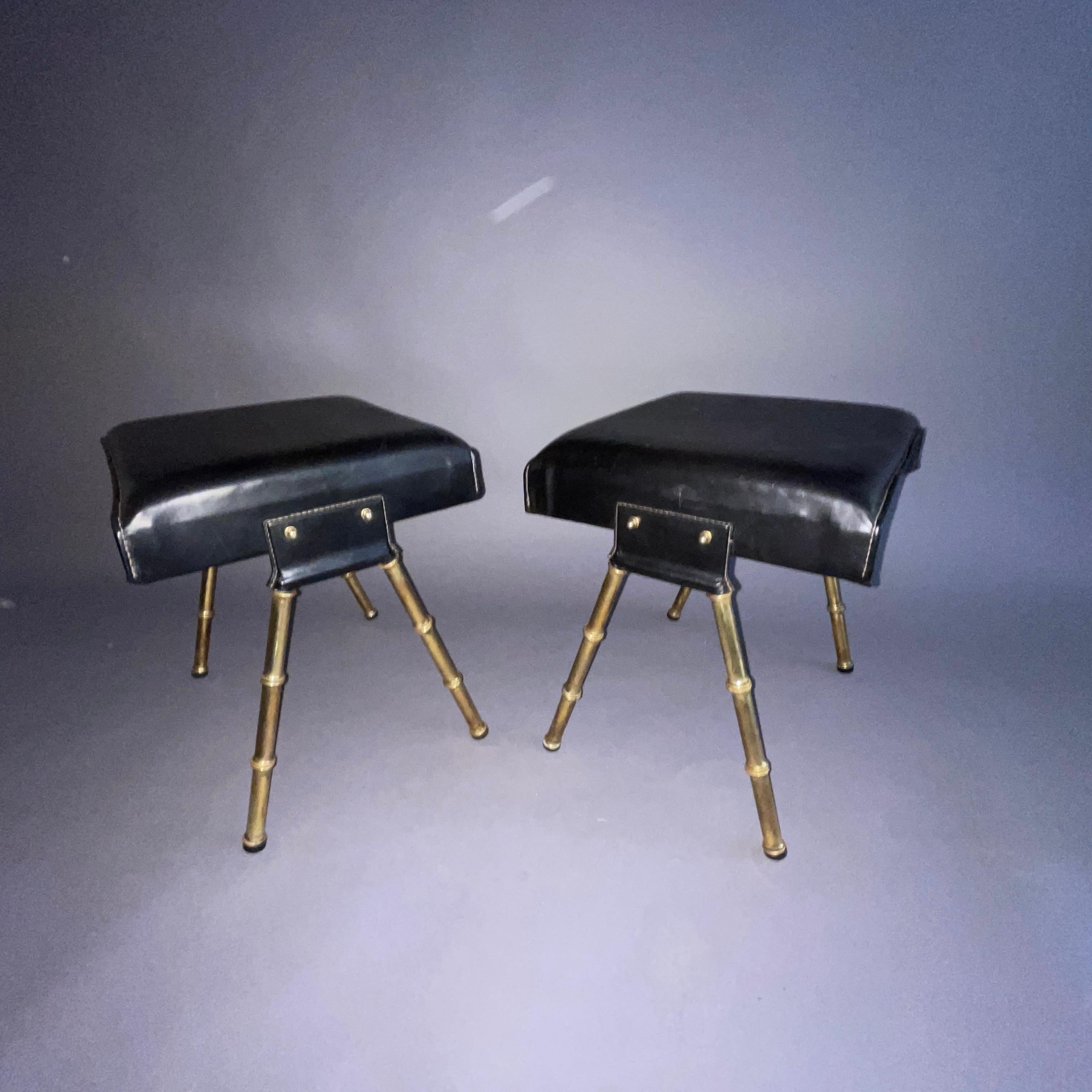 A pair of Jacques Adnet black leather and brass stools For Sale 6