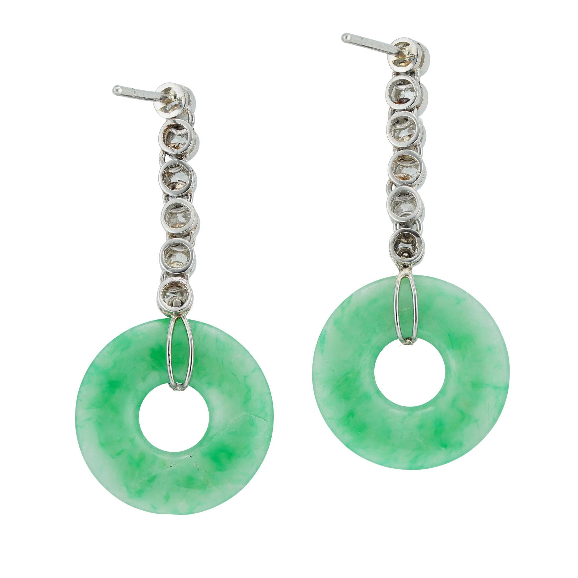 Art Deco Pair of Jade and Diamond Drop Earrings