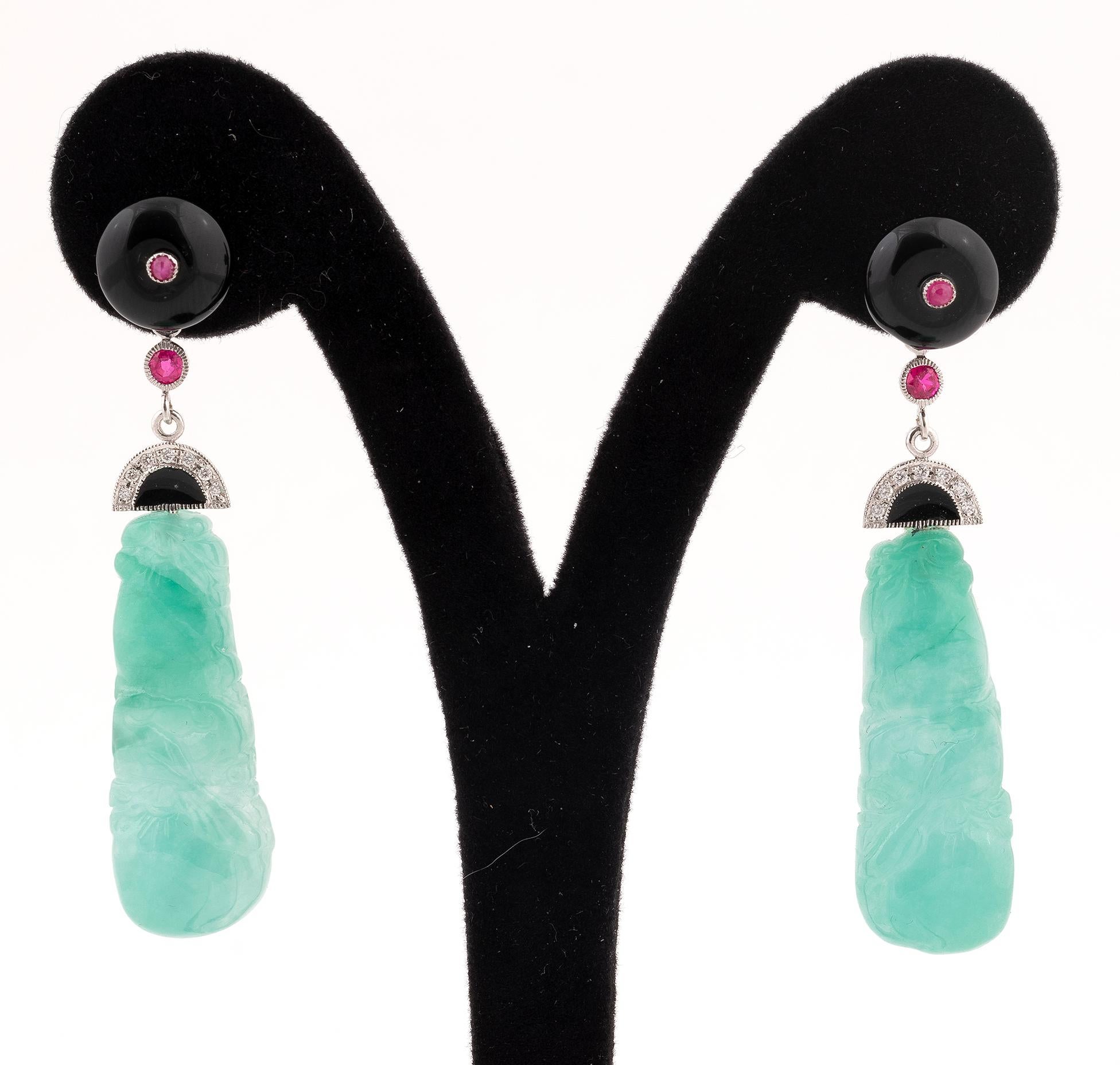 Contemporary Pair of Jade, Onyx, Ruby and Diamond Pendent Earrings