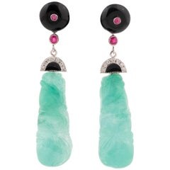 Pair of Jade, Onyx, Ruby and Diamond Pendent Earrings