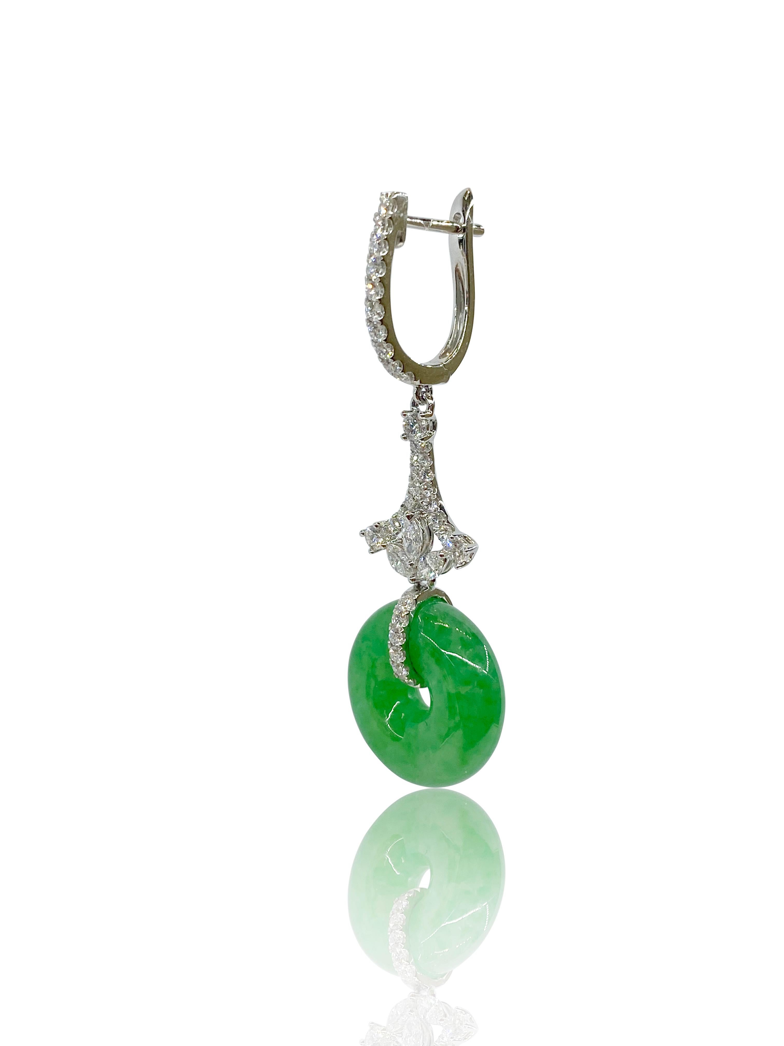 Contemporary A Pair of Imperial Jadeite and Diamond Earrings in 18 Karat White Gold For Sale