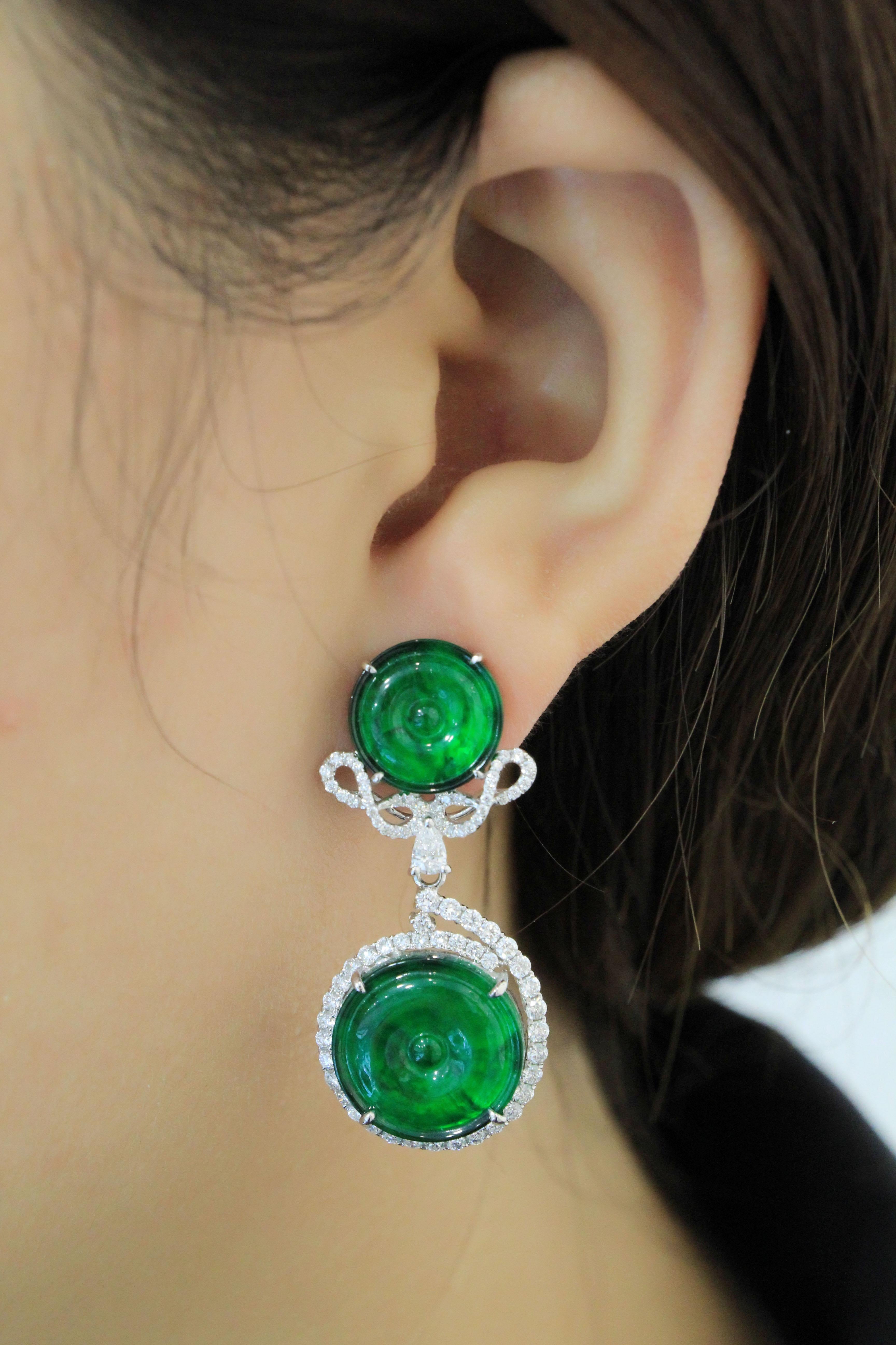 Pair of Jadeite and Diamond Earrings in 18 Karat White Gold For Sale 2