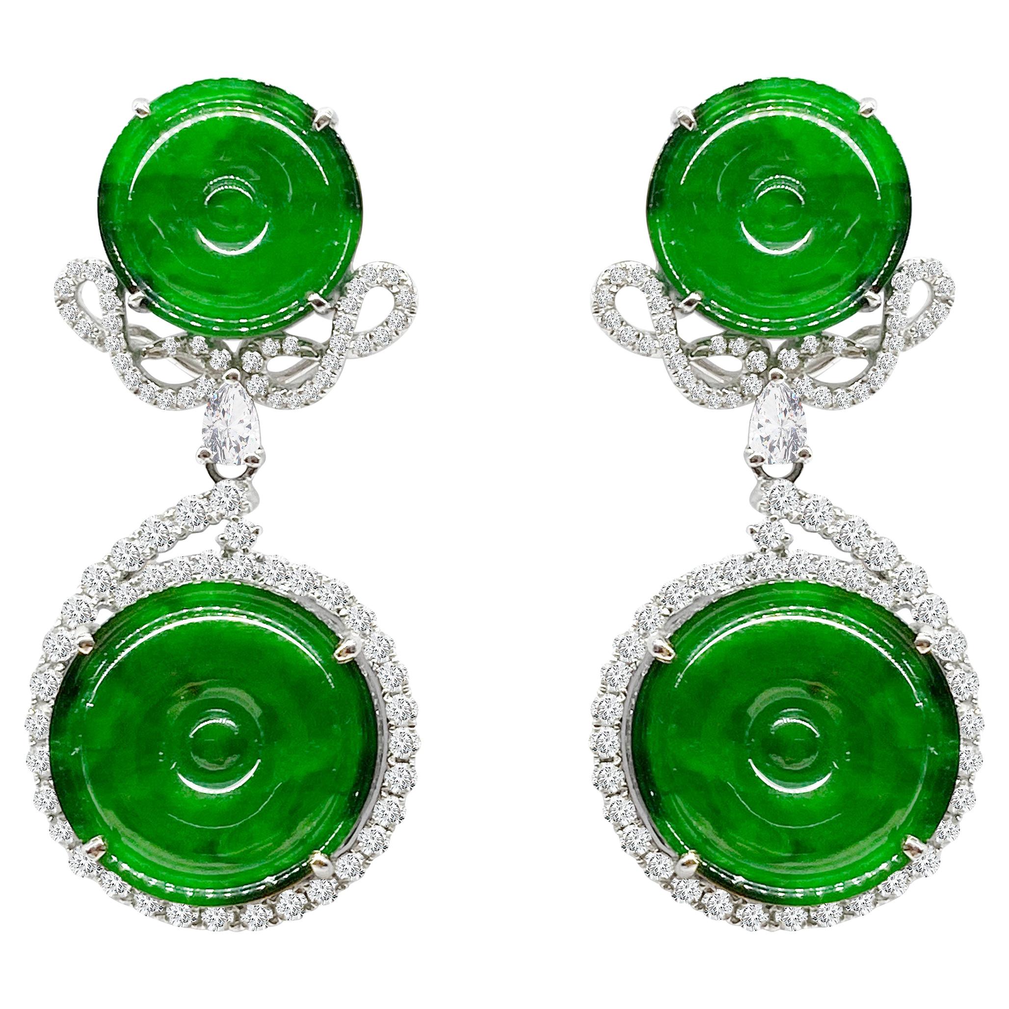 Pair of Jadeite and Diamond Earrings in 18 Karat White Gold