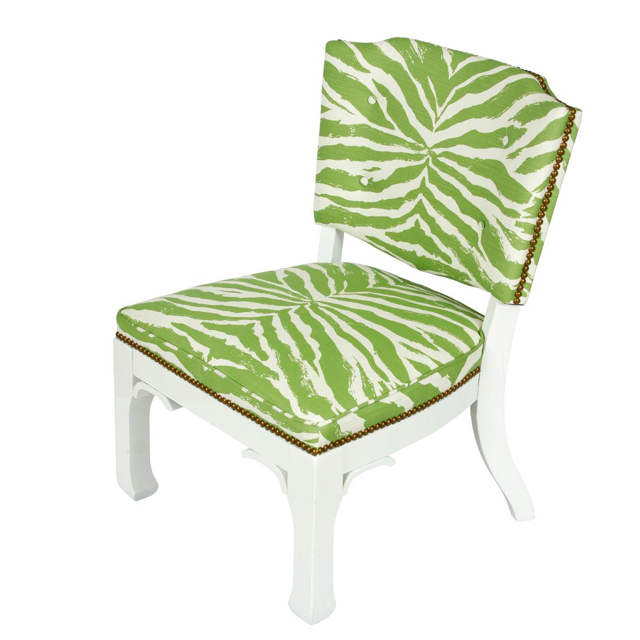 Pair of James Mont Chairs in Green and White Zebra Fabric In Excellent Condition In Locust Valley, NY