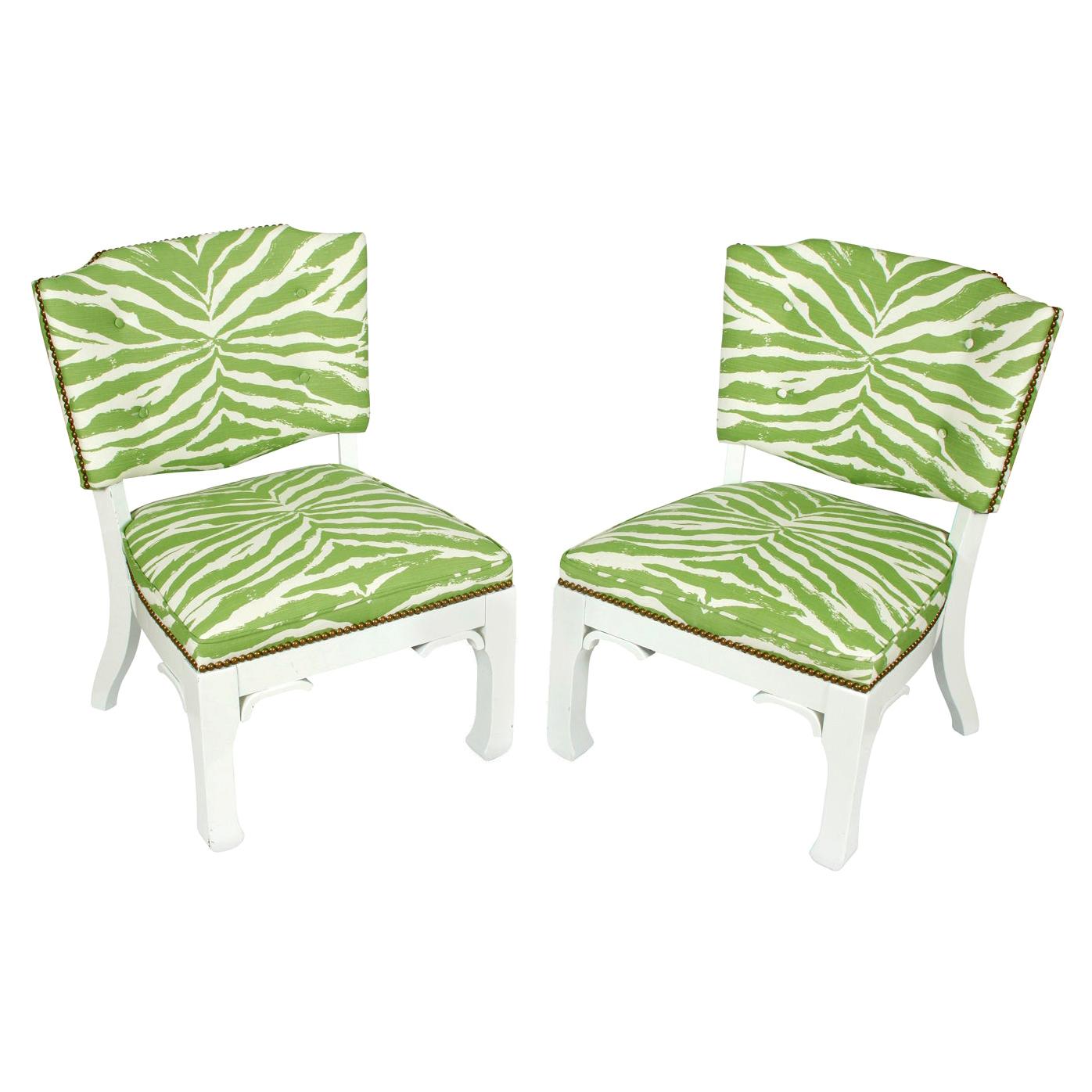 Pair of James Mont Chairs in Green and White Zebra Fabric