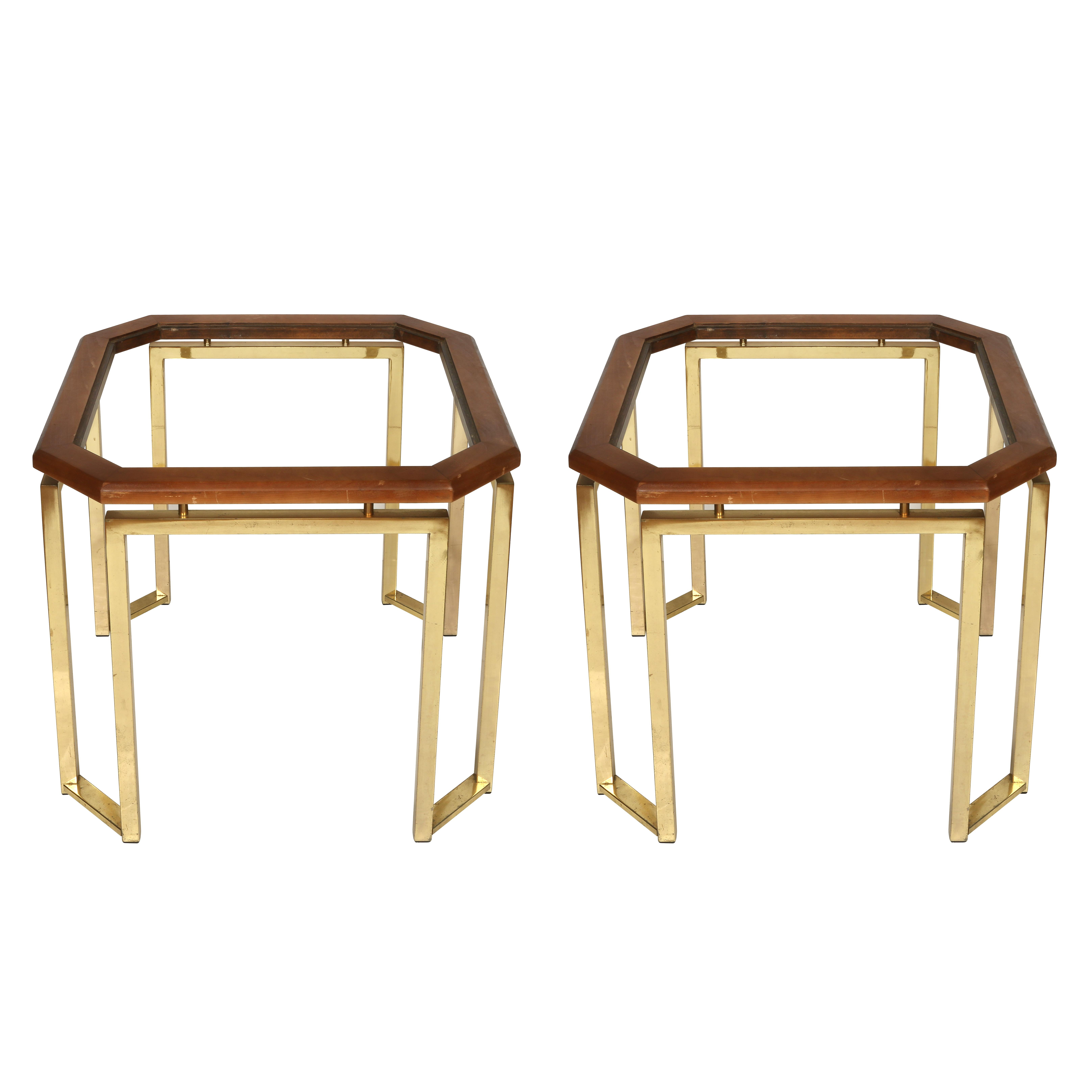 Pair of James Mont Style Brass and Wood Side Tables In Good Condition In Locust Valley, NY