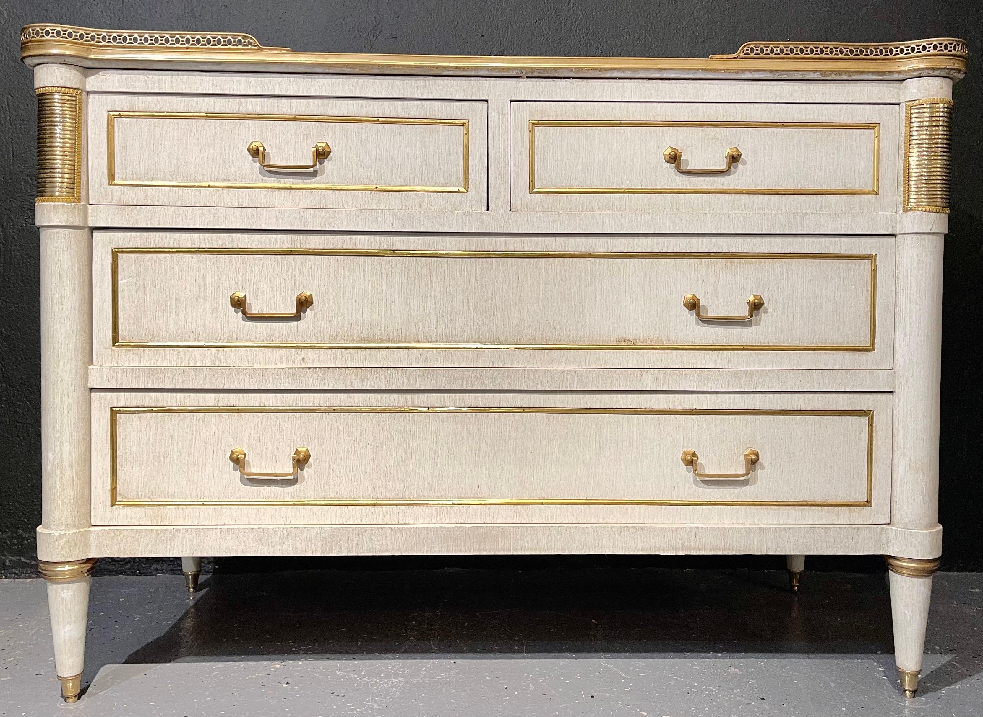 Louis XVI Pair of Jansen Style Marble Top Commodes / Nightstands Painted Linen Finished