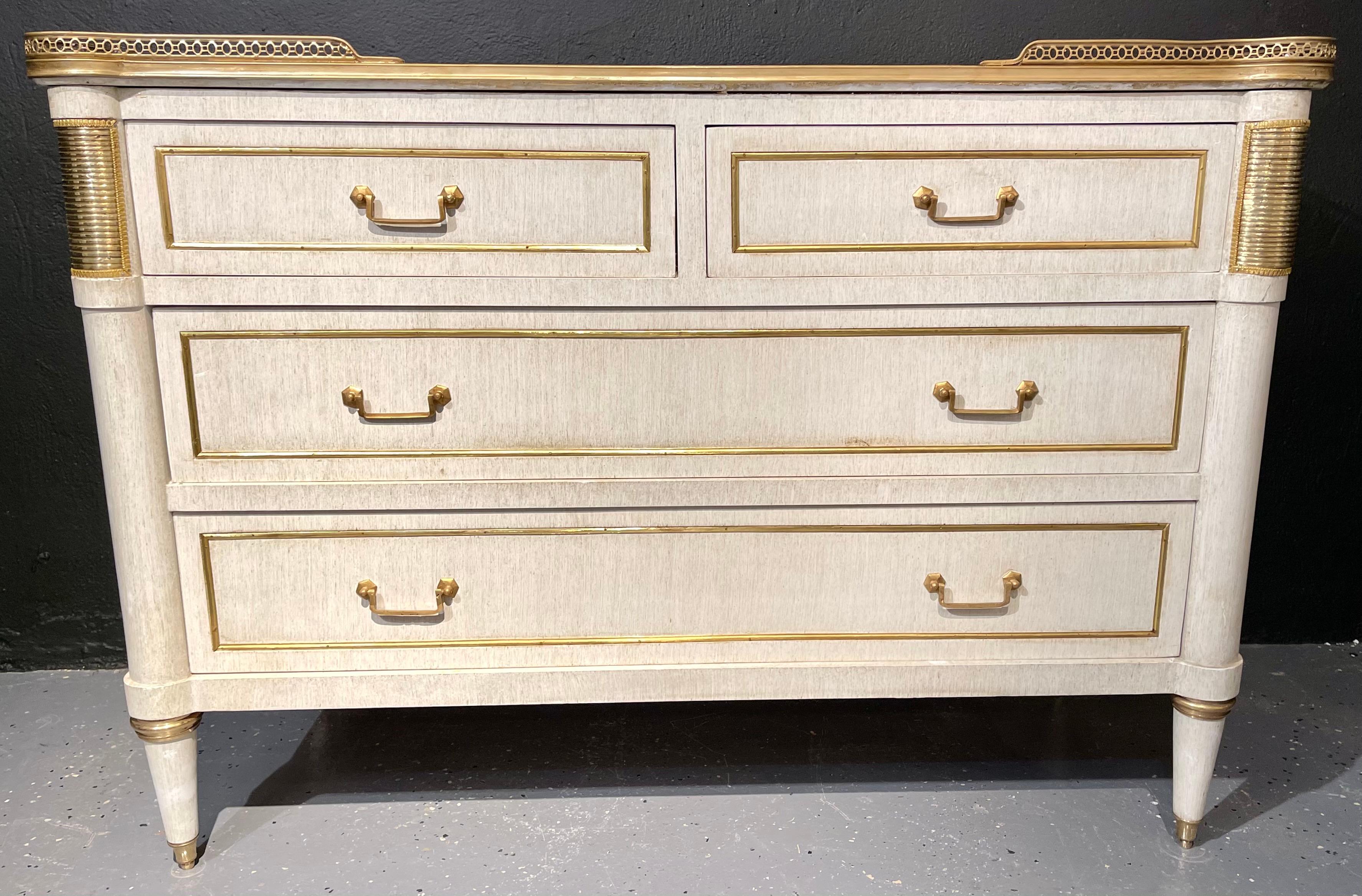 Hand-Painted Pair of Jansen Style Marble Top Commodes / Nightstands Painted Linen Finished