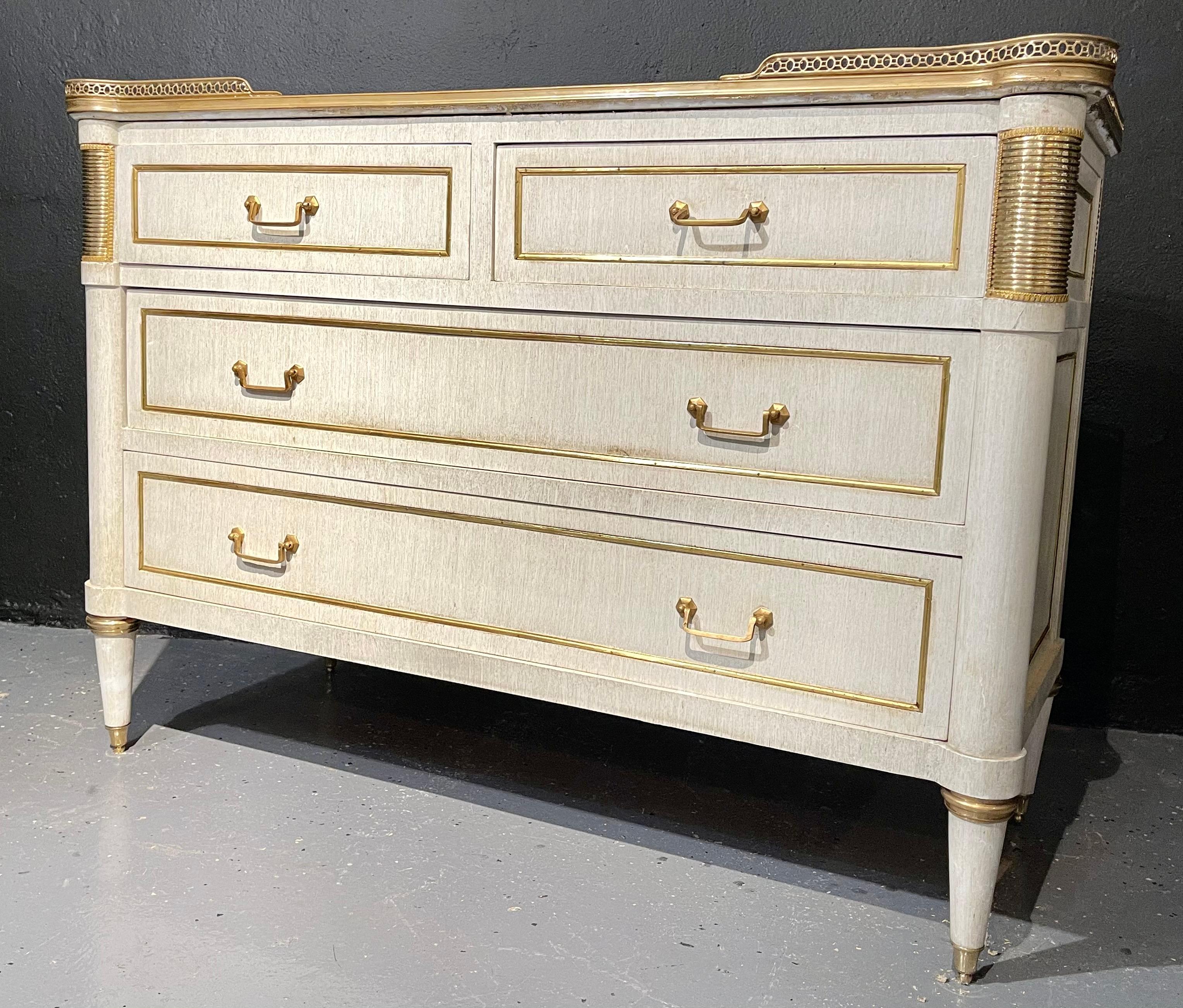 20th Century Pair of Jansen Style Marble Top Commodes / Nightstands Painted Linen Finished