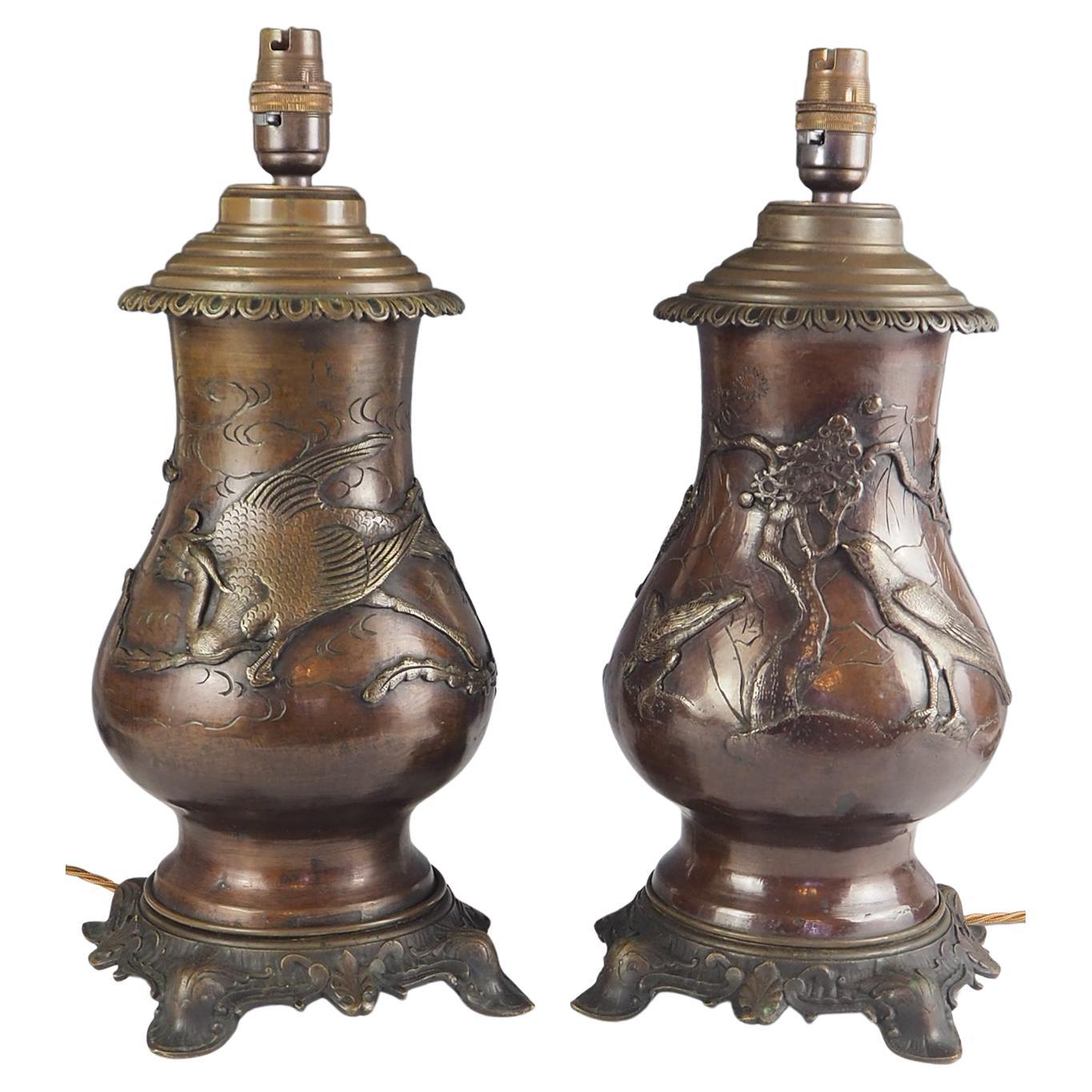 Pair of Japanese Bronze Dragon Chasing the Bird Table Lamps For Sale