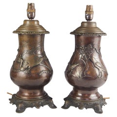 Antique Pair of Japanese Bronze Dragon Chasing the Bird Table Lamps