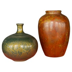 A Pair of Japanese Bronze Gold Vases, Green and Orange