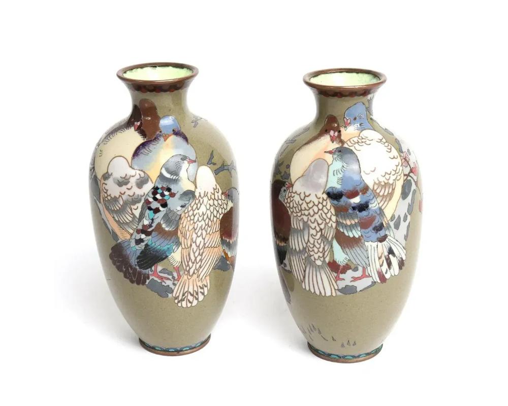 Coppia di vasi giapponesi in smalto cloisonne raffiguranti piccioni su un albero di ciliegio in fiore
Attribuito a Shippo Kasha/ Namikawa Sōsuke
Basato sul disegno di Watanabe Seitei Seitei Kacho Gafu (Album di fiori e uccelli di Seitei), Vols 1-3,