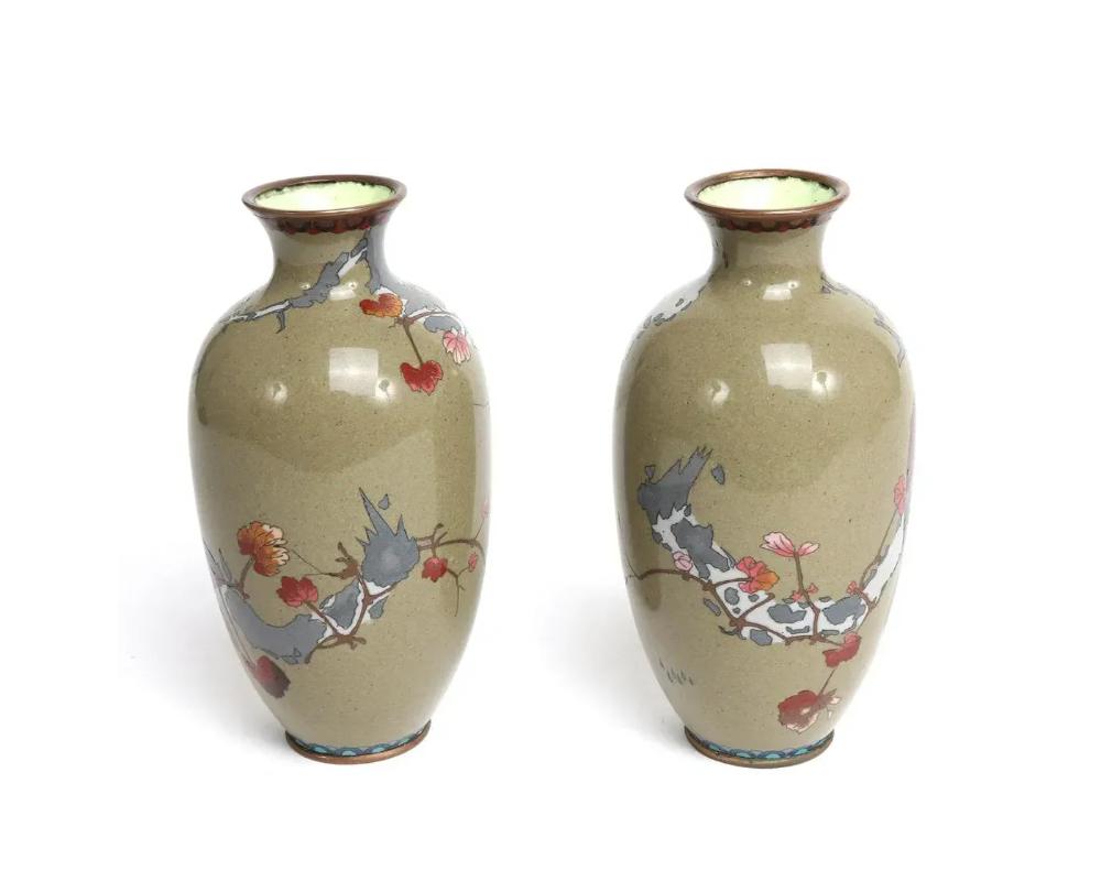 Giapponese Coppia di vasi giapponesi in smalto cloisonne raffiguranti piccioni su un fiore di ciliegio in vendita