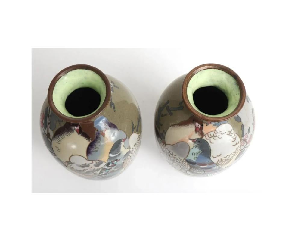 Cloisonné Coppia di vasi giapponesi in smalto cloisonne raffiguranti piccioni su un fiore di ciliegio in vendita