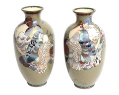 A Pair of Japanese Cloisonne Enamel Vases Depicting Pigeons on a Cherry Blossom