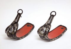 Pair of Japanese Edo Period Iron Silver Inlaid Red Lacquered Stirrups 'Abumi'