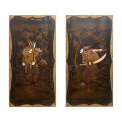 Antique Pair of Japanese Inlaid and Lacquered Panels Meiji Period, Late 19th Century