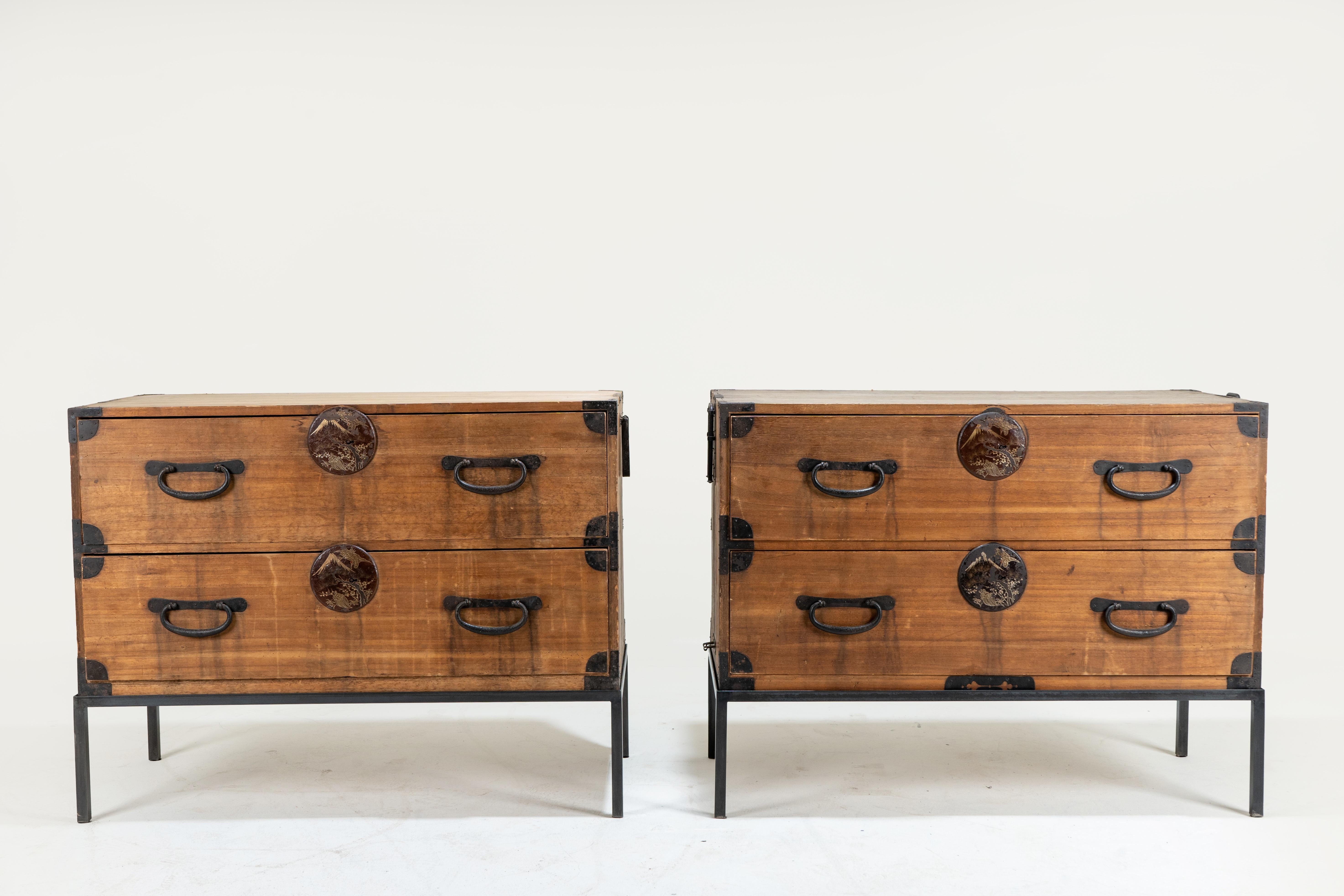 This piece is a two part Japanese tansu split into two pieces to make nightstands or side tables. Because Japanese homes were (and are) relatively small, furniture was also relatively small. Rooms were used for multiple purposes, so furniture needed