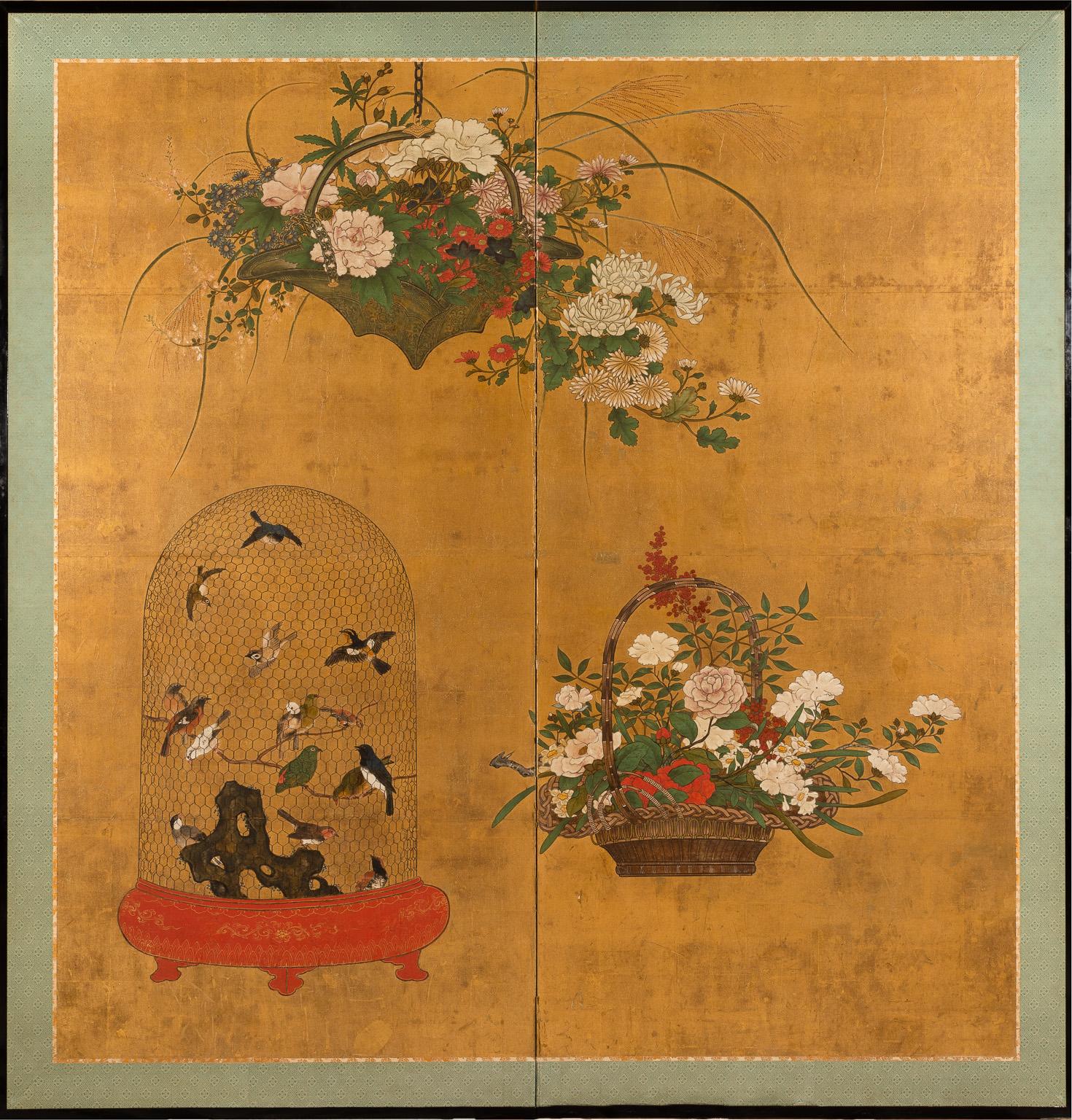 Pair of Japanese Two-Fold Screens with Flower Arrangements and Rare Birds For Sale 4