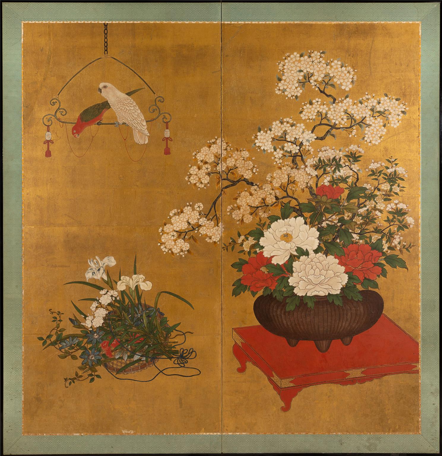 Pair of Japanese Two-Fold Screens with Flower Arrangements and Rare Birds For Sale 5