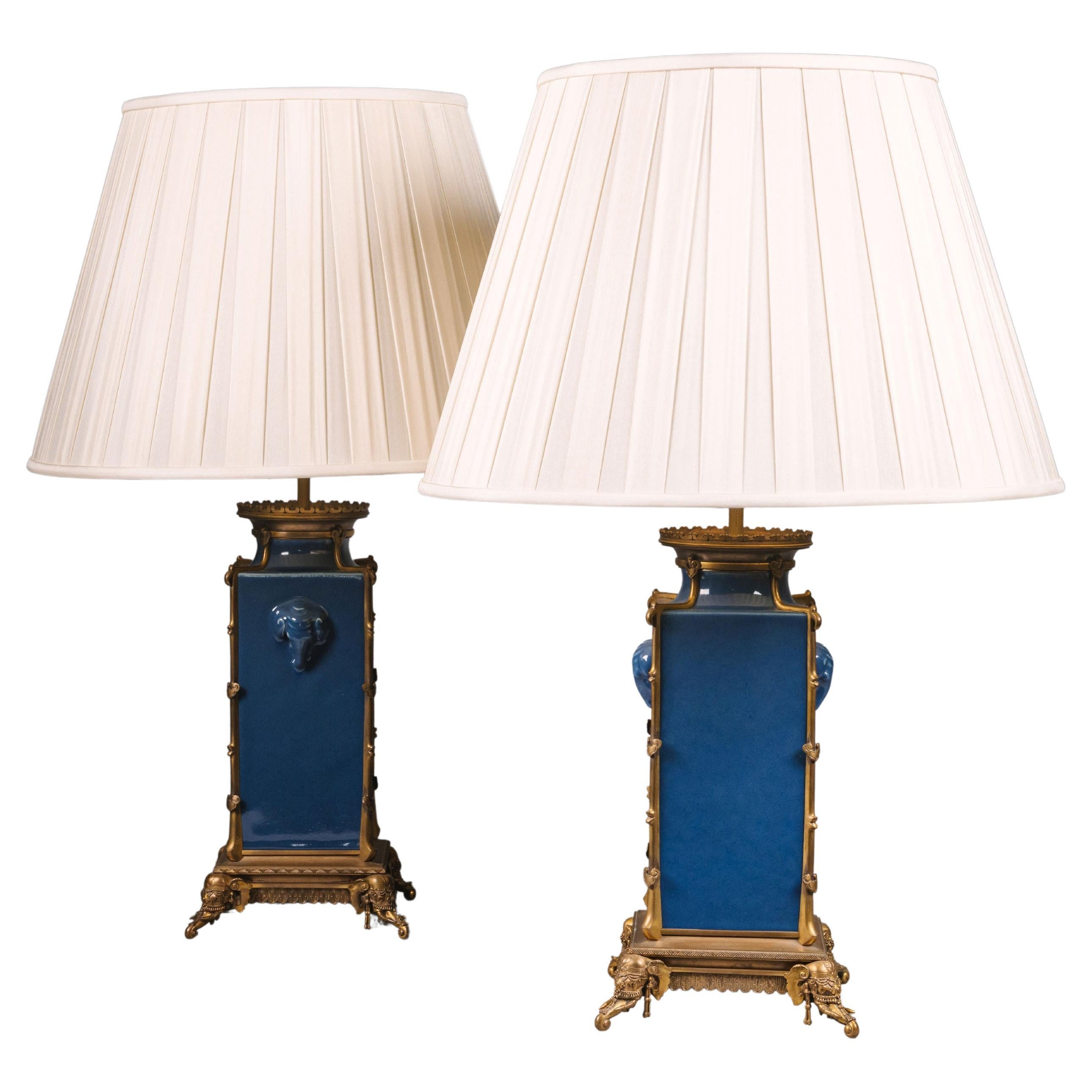 Pair of 'Japonsime' Blue Porcelain Vases Mounted as Lamps For Sale