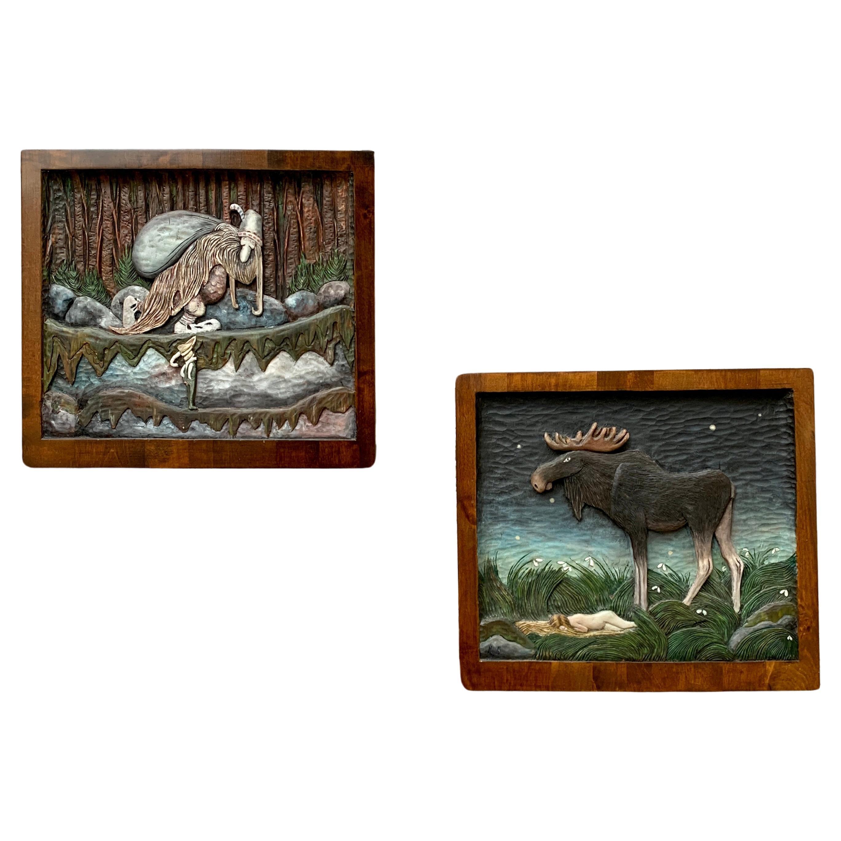 A Pair Of John Bauer Wooden Carved Wall Sculptures
