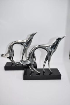 A Pair of Karl HagenaurArt Deco Silvered Bronze Sculptures of Greyhounds Dogs