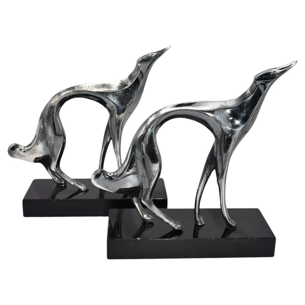 A Pair of Karl HagenaurArt Deco Silvered Bronze Sculptures of Greyhounds Dogs