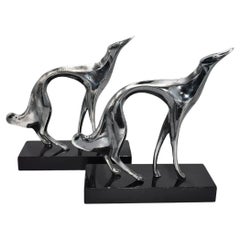 A Pair of Karl HagenaurArt Deco Silvered Bronze Sculptures of Greyhounds Dogs