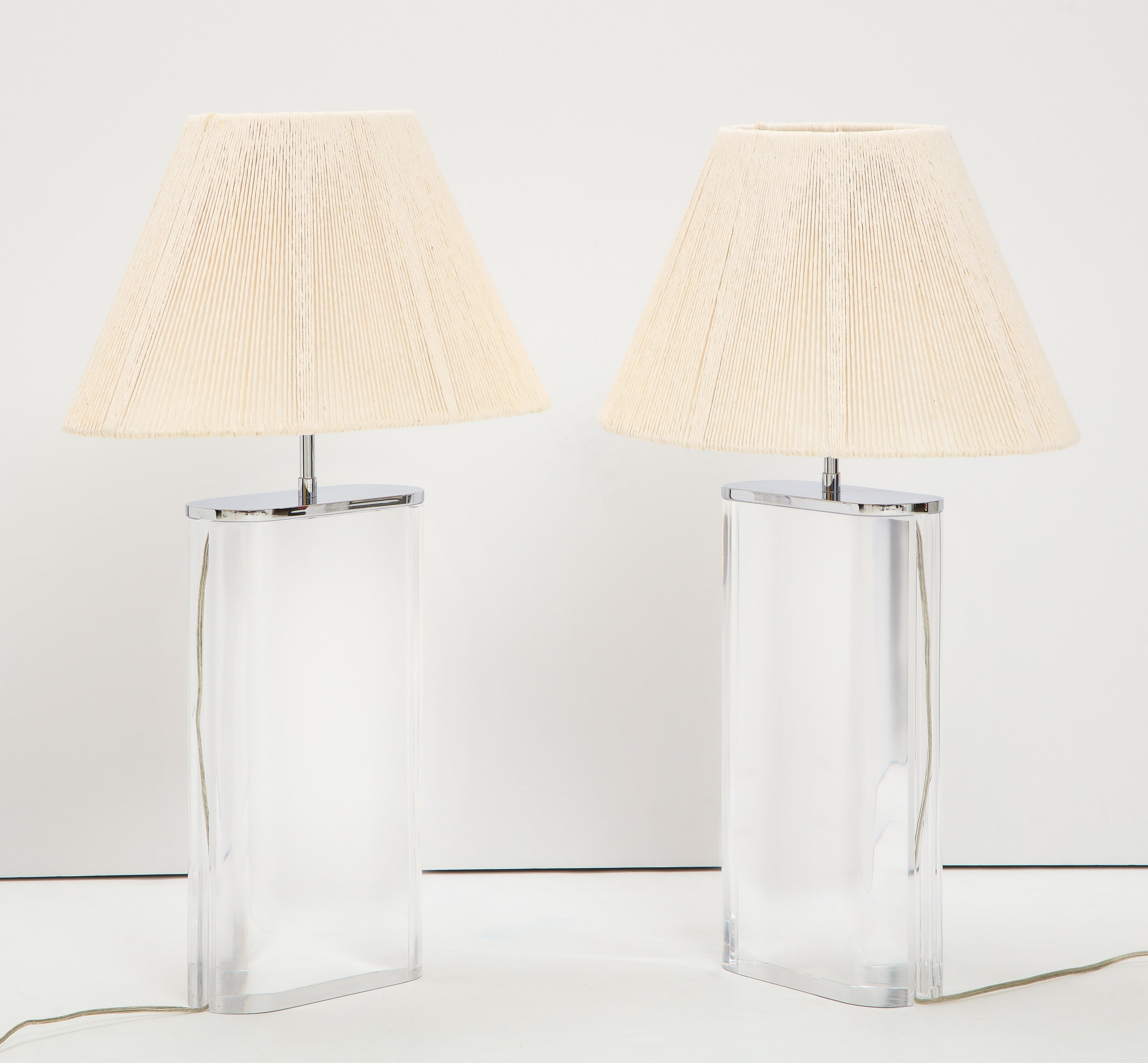 Mid-Century Modern Pair of Karl Springer Lucite Lamps with Custom Shades