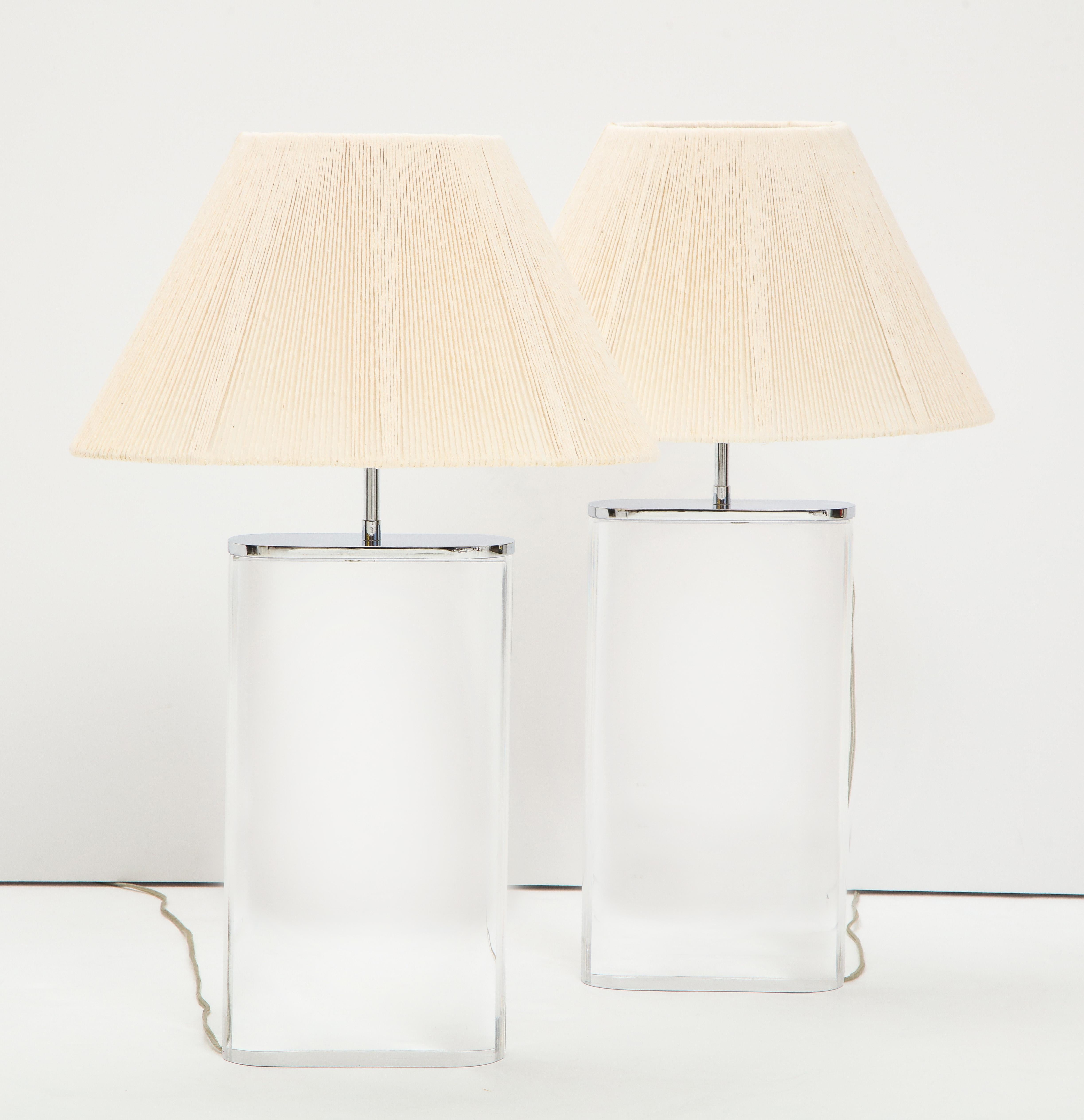 American Pair of Karl Springer Lucite Lamps with Custom Shades