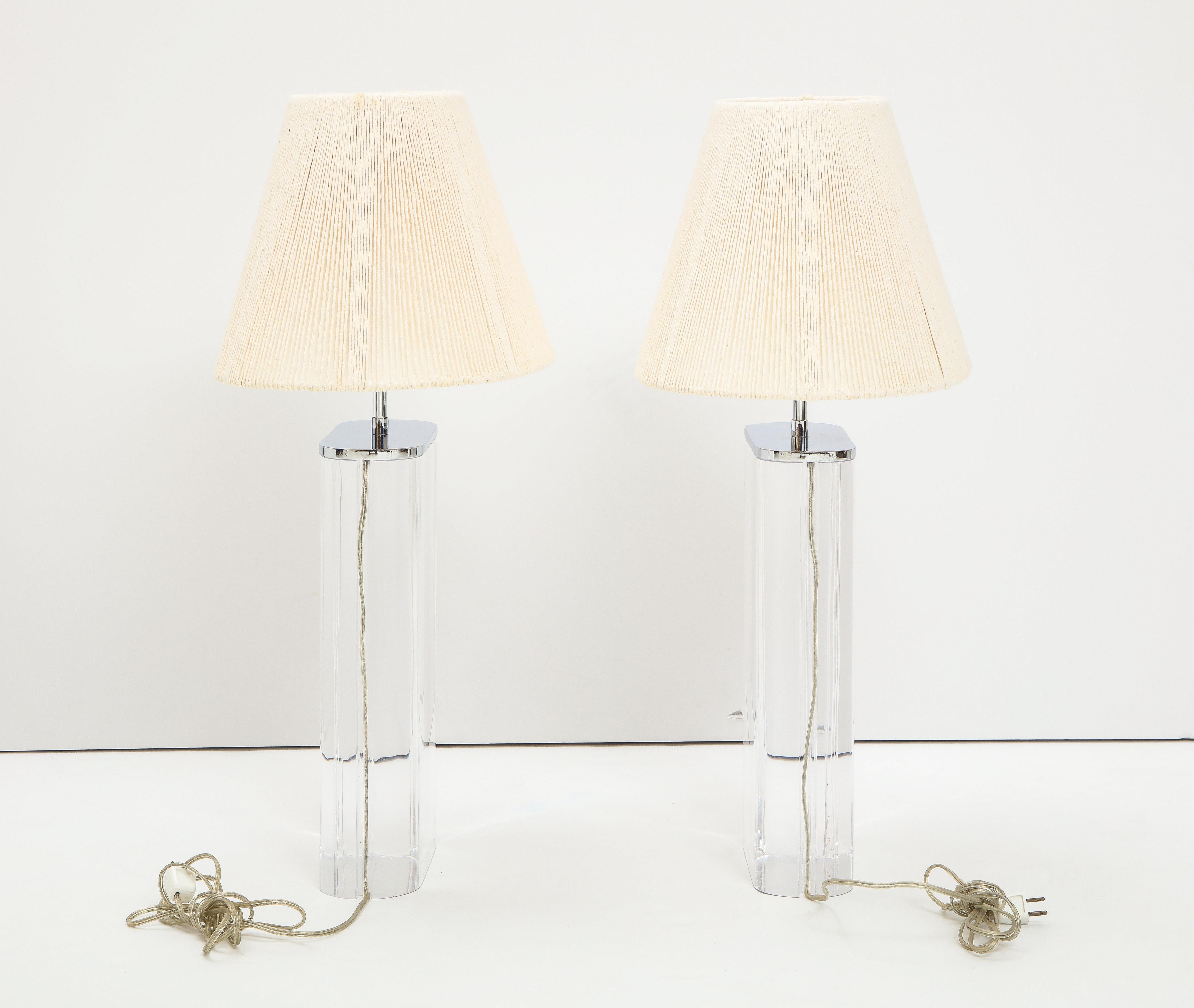 Pair of Karl Springer Lucite Lamps with Custom Shades In Good Condition In New York, NY
