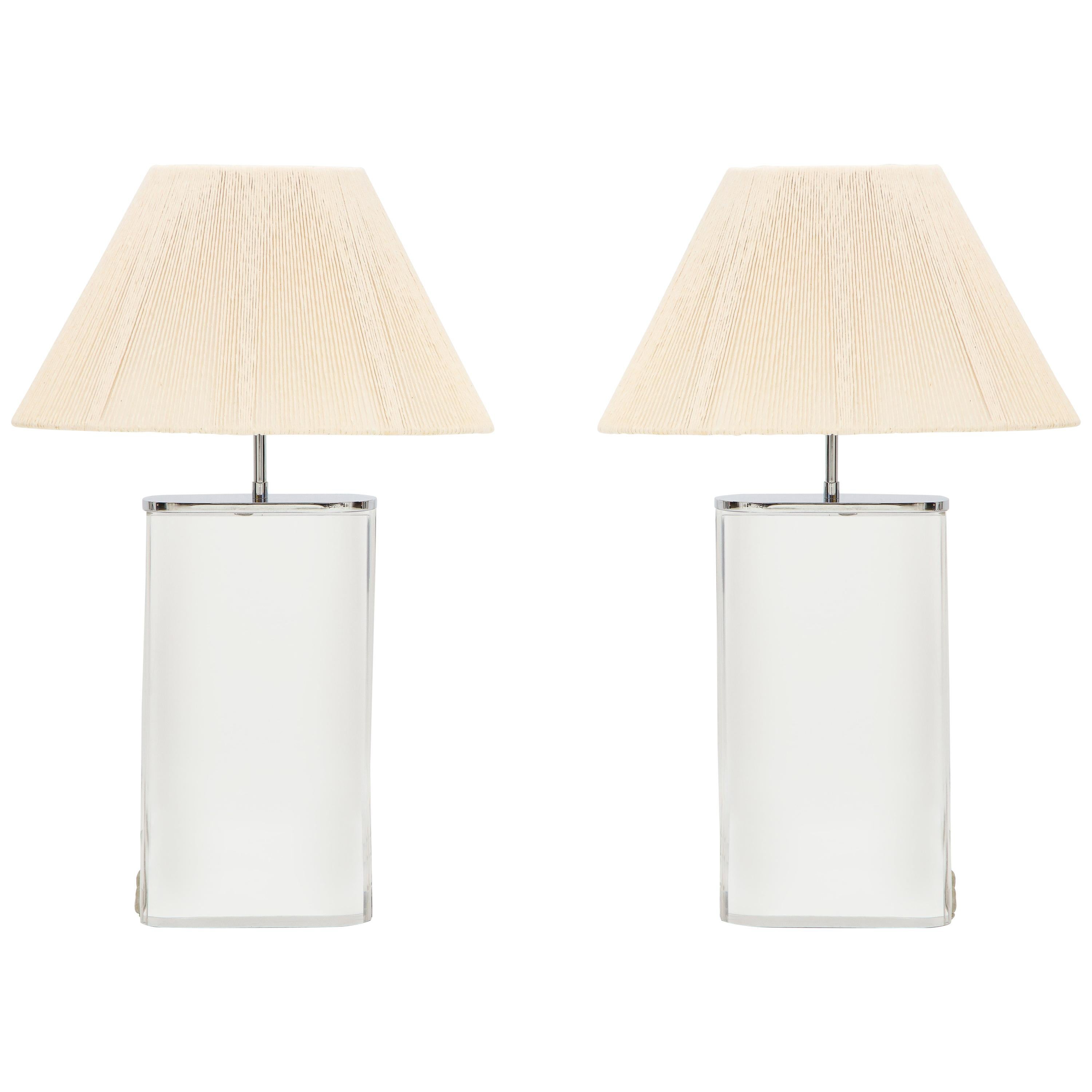 Pair of Karl Springer Lucite Lamps with Custom Shades