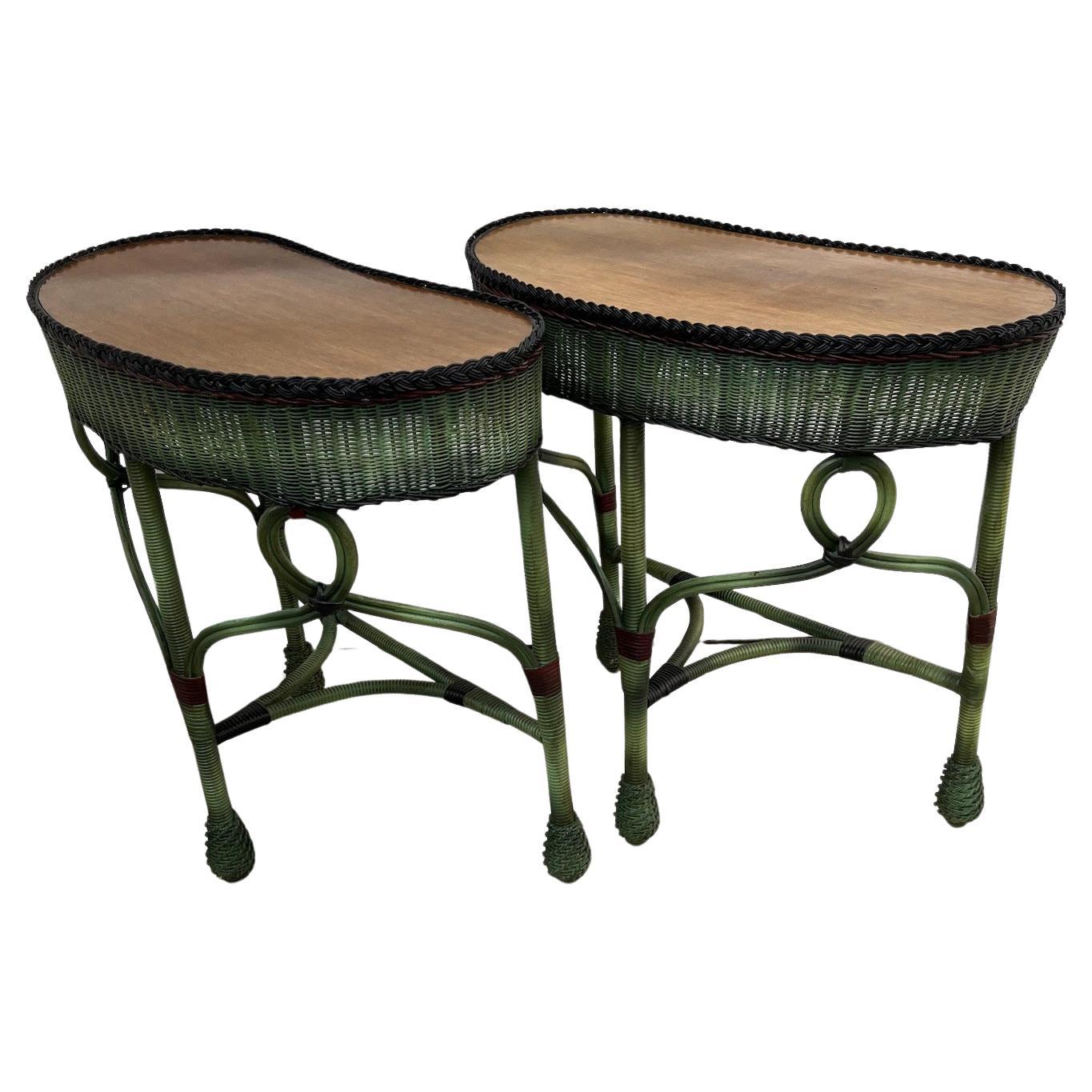 Other A pair of Kidney Shaped Side Tables in French Green with Quarter Sawn Oak Tops For Sale