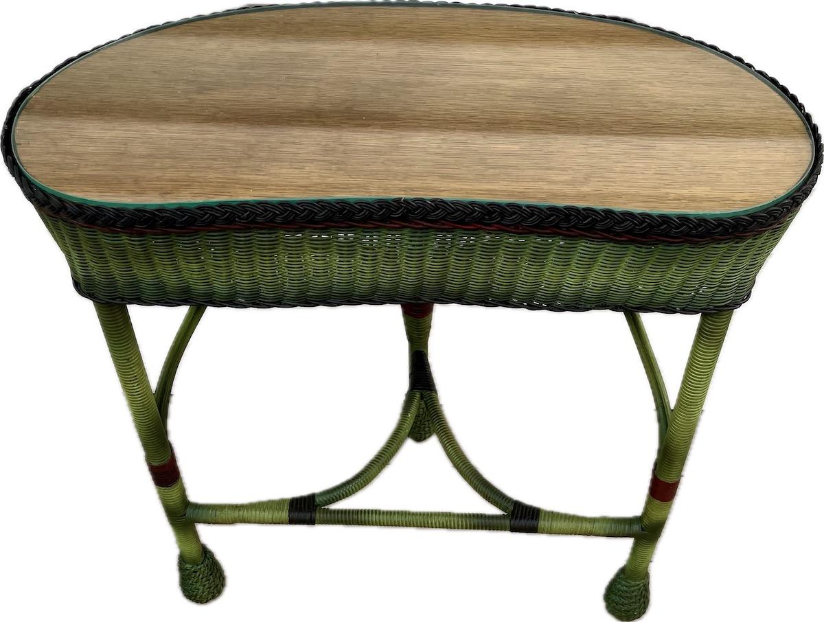 Painted A pair of Kidney Shaped Side Tables in French Green with Quarter Sawn Oak Tops For Sale