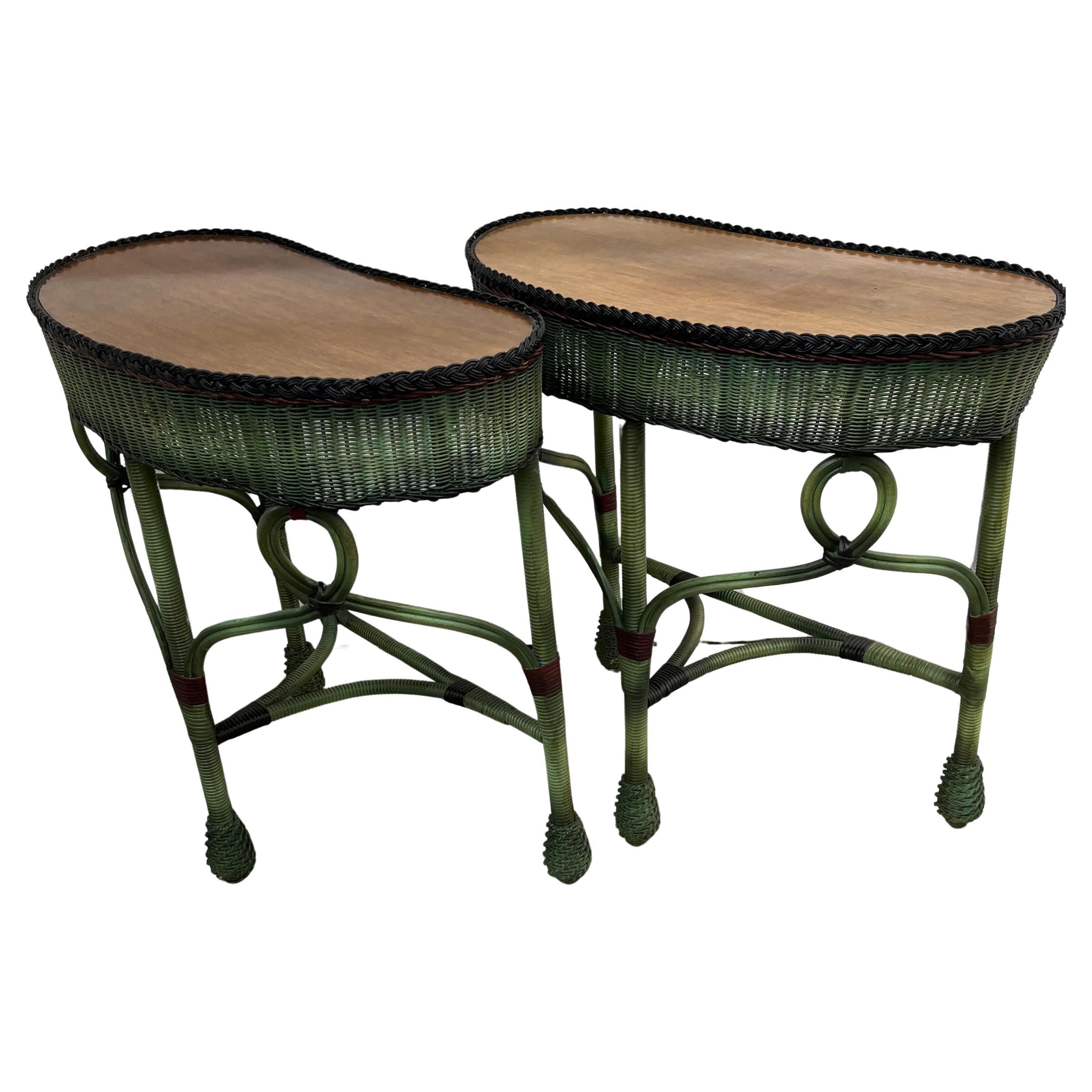 A pair of Kidney Shaped Side Tables in French Green with Quarter Sawn Oak Tops For Sale