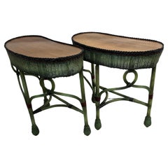 A pair of Kidney Shaped Side Tables in French Green with Quarter Sawn Oak Tops