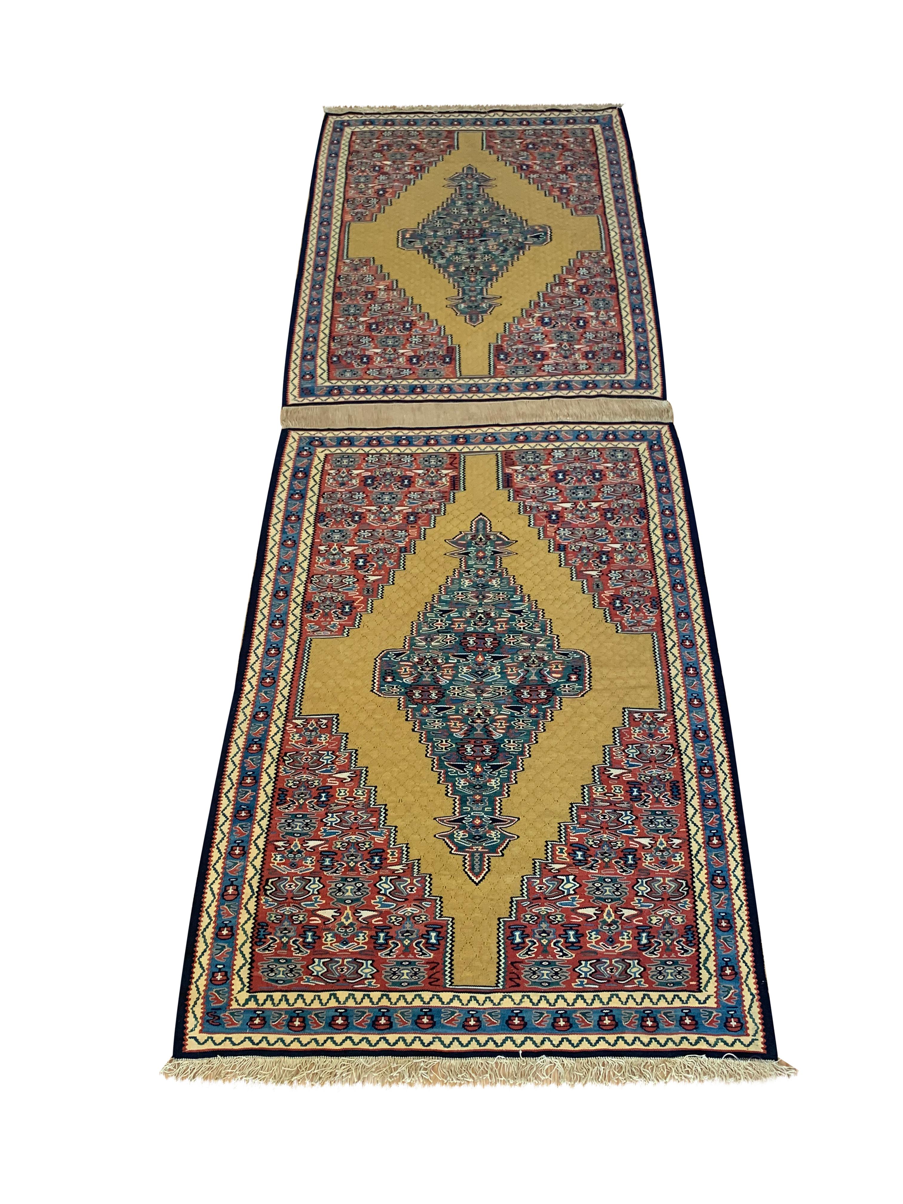 Pair of Kilim Rugs Handmade Carpet  Flatwoven Wool Silk Area Rugs For Sale 3