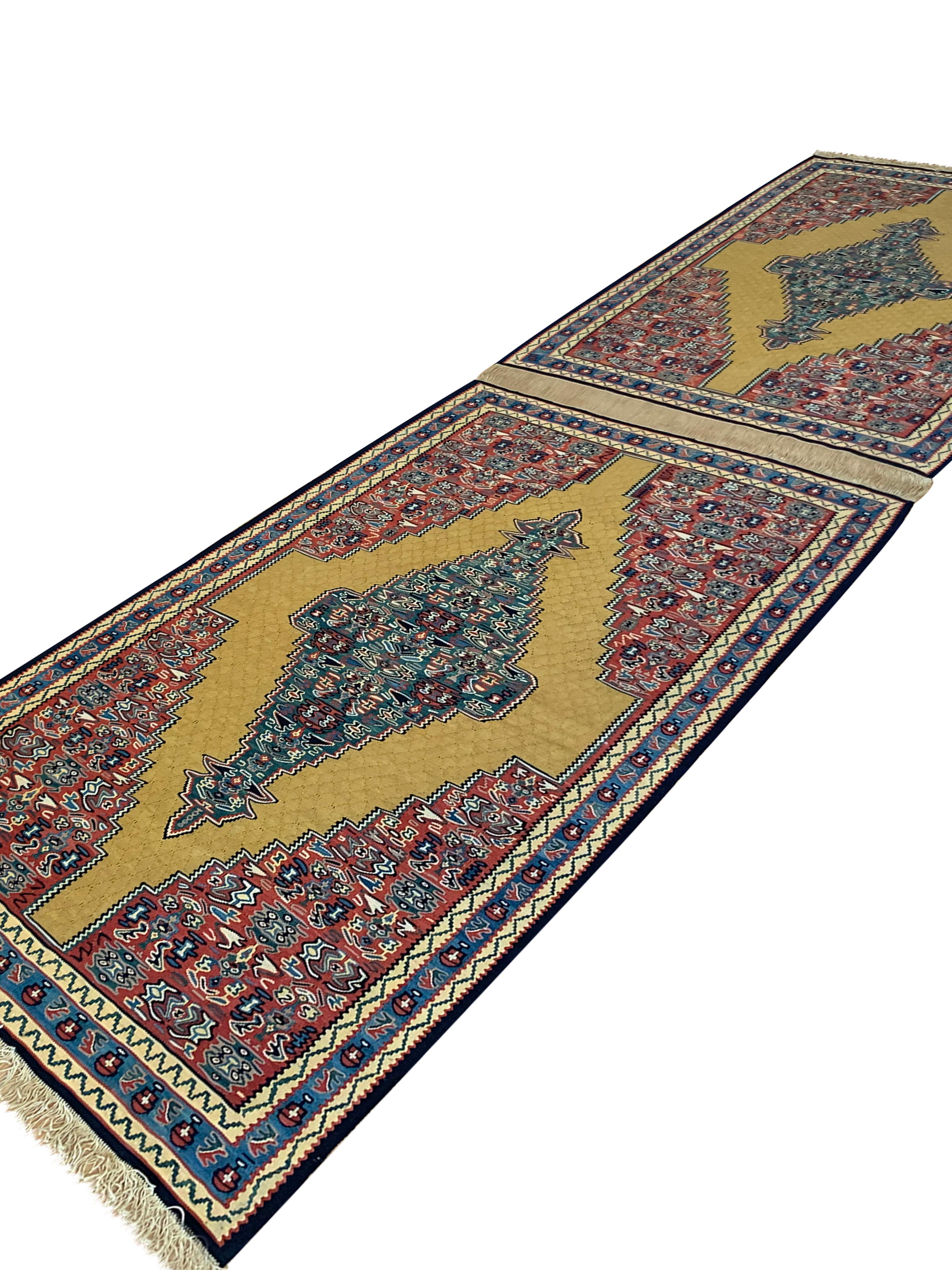 Pair of Kilim Rugs Handmade Carpet  Flatwoven Wool Silk Area Rugs For Sale 5