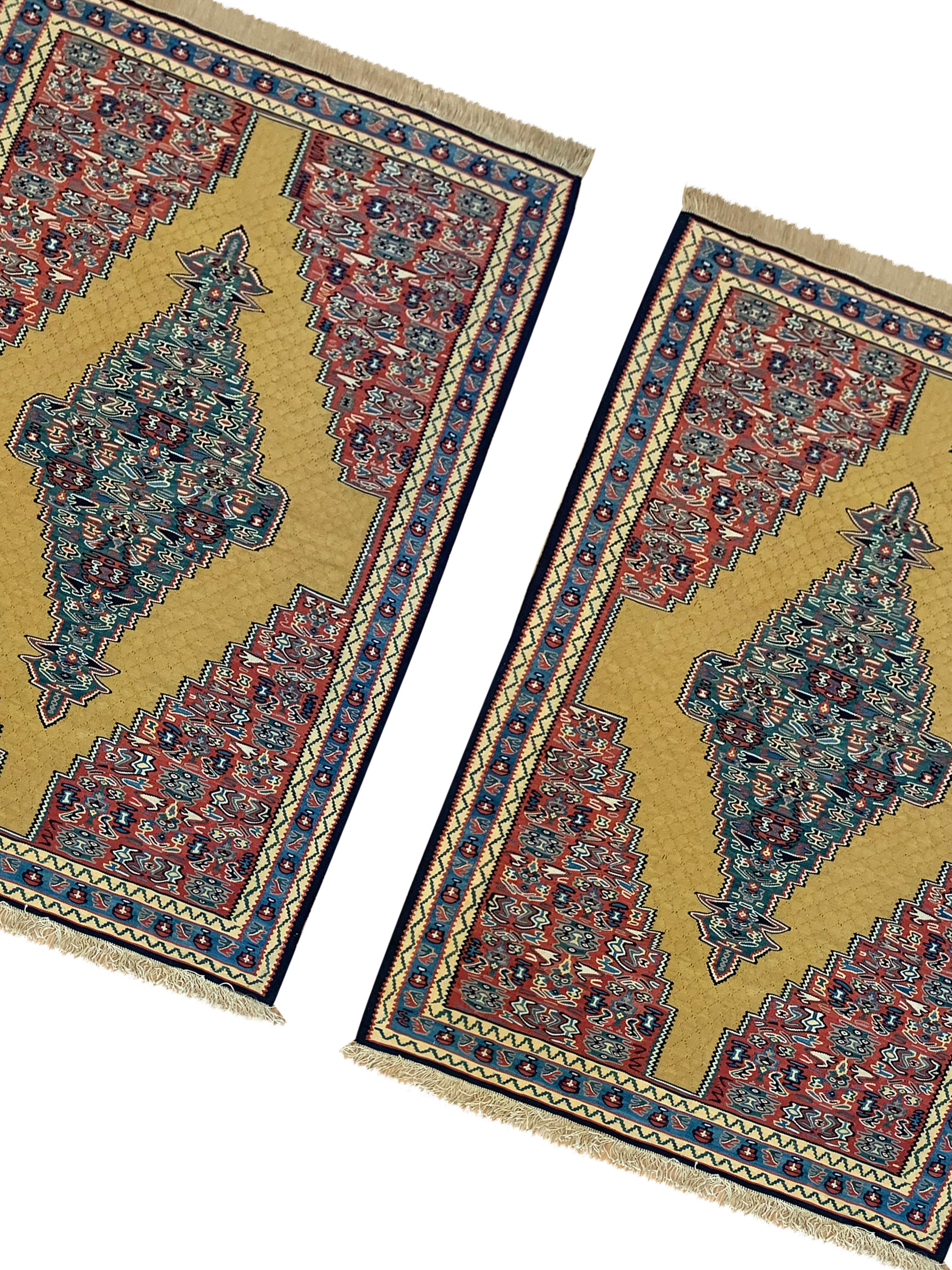 Paar Kelim-Teppiche Handgefertigter Teppich  Flachgewebte Teppiche aus Wolle und Seide im Angebot 7