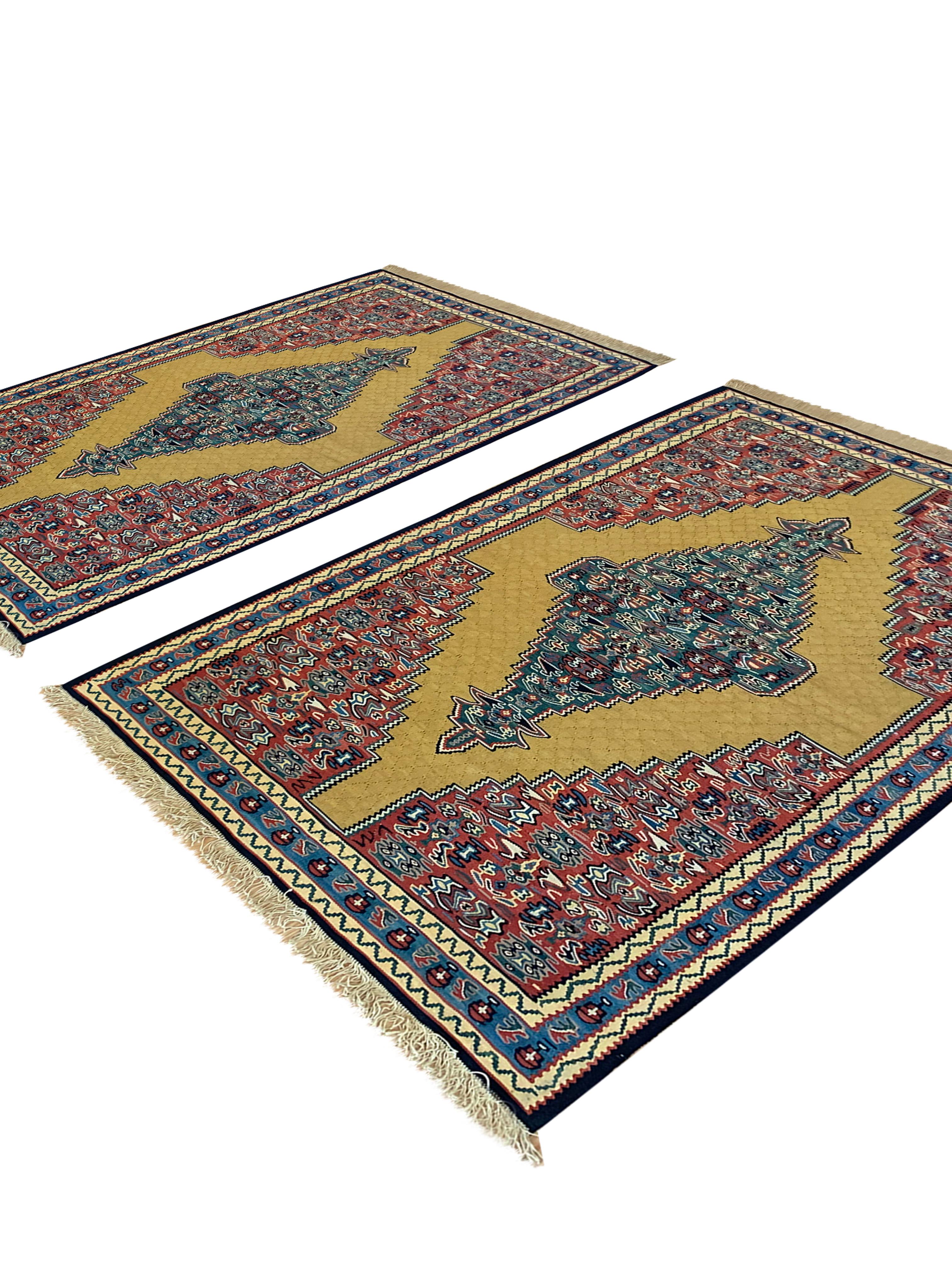 Pair of Kilim Rugs Handmade Carpet  Flatwoven Wool Silk Area Rugs For Sale 7